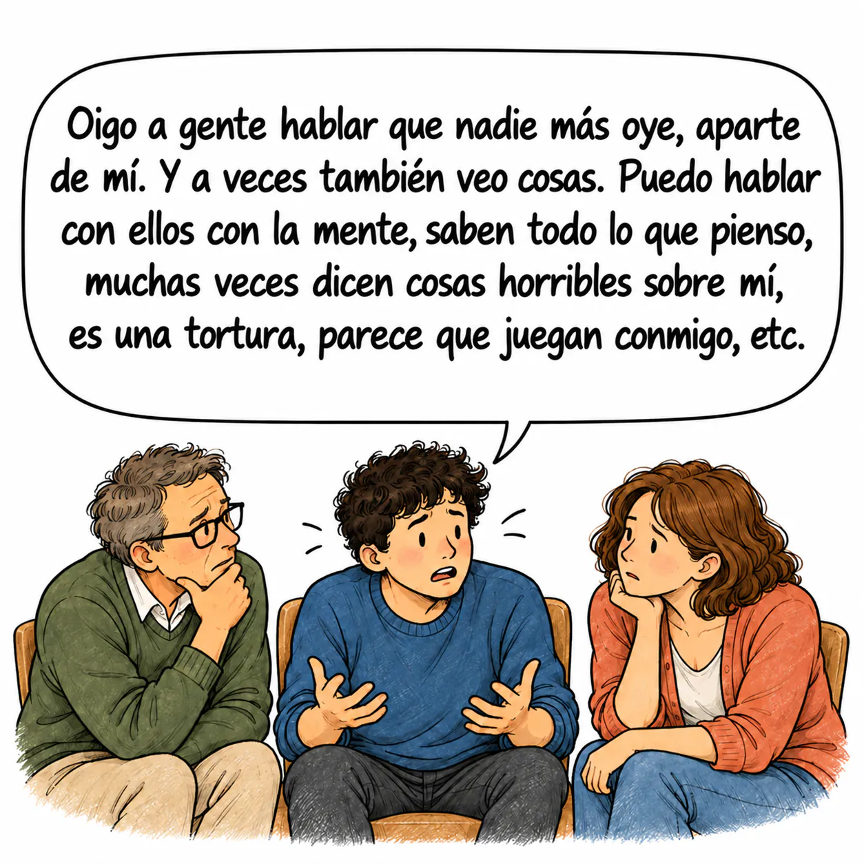 David les explica a dos personas que oye voces que los demás no oyen.
