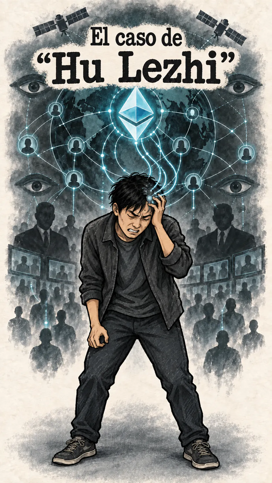 Ilustración editorial: Hu Lezhi parece sufrir bajo el control de una red mundial conectada a una interfaz cerebro-máquina y al logo de Ethereum