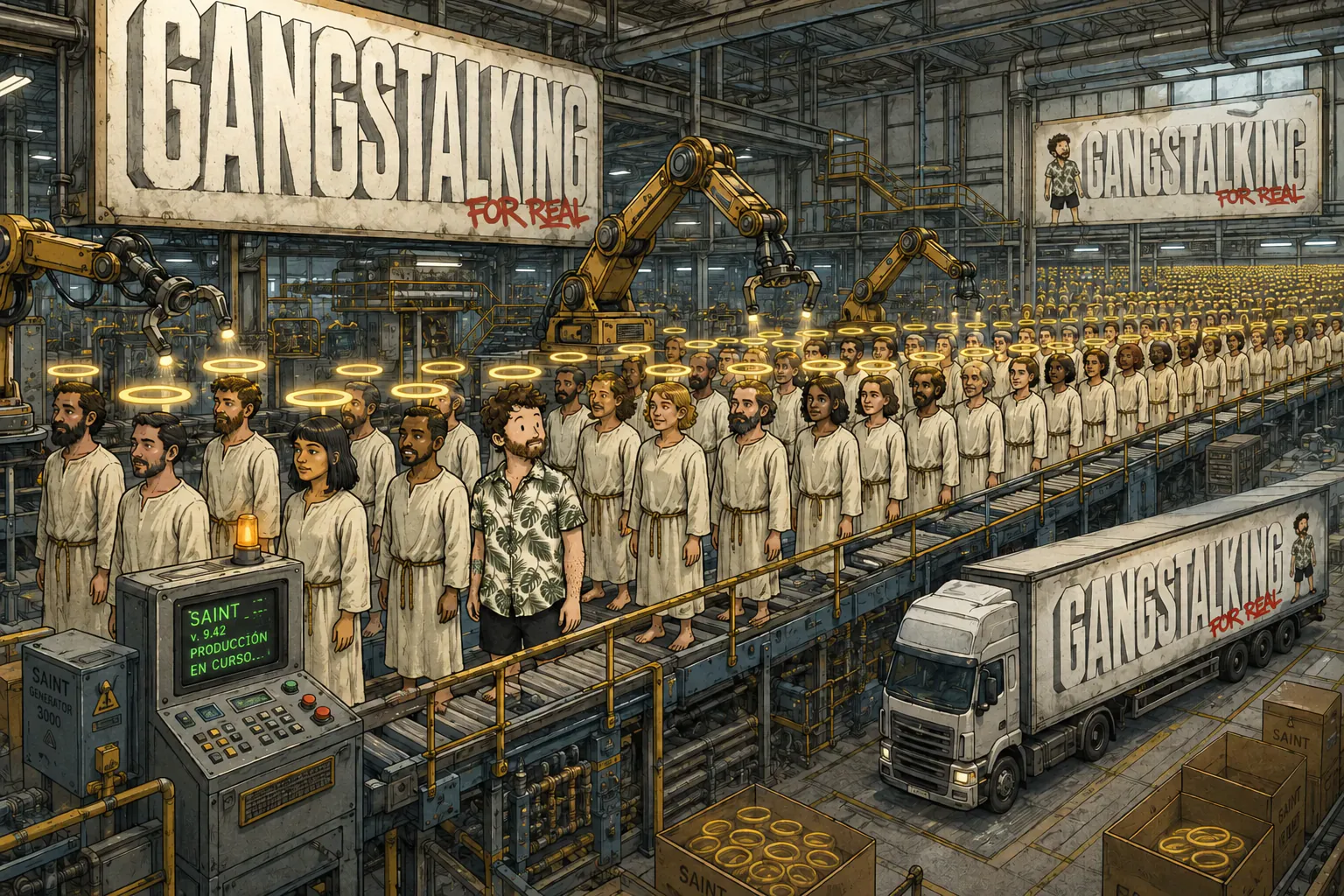 Una fábrica donde se producen santos con aureola en serie sobre una cadena industrial.