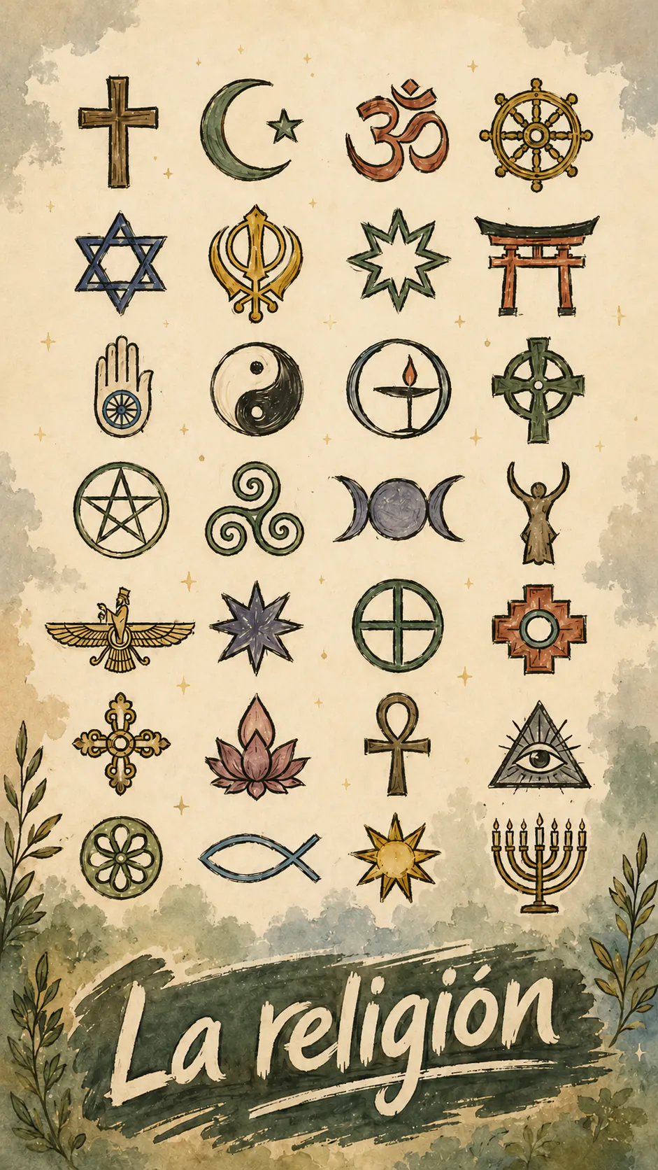 Una lámina de símbolos religiosos de todo el mundo dibujados en acuarela, titulada « La religión »