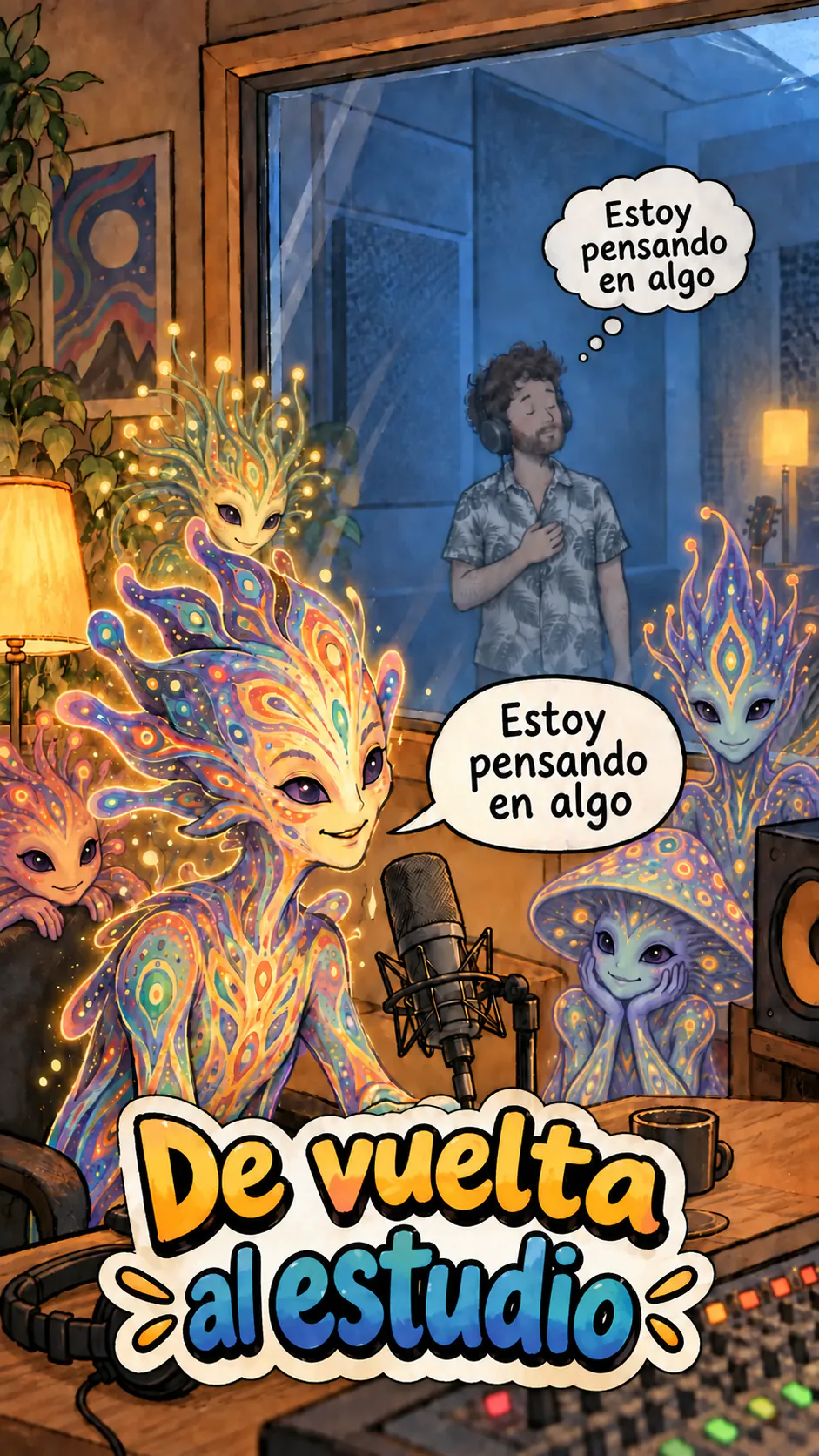 Una entidad de DMT habla delante de un micrófono en un estudio, mientras David, azulado, escucha detrás de un vidrio con audífonos; el título «Le retour studio» aparece abajo