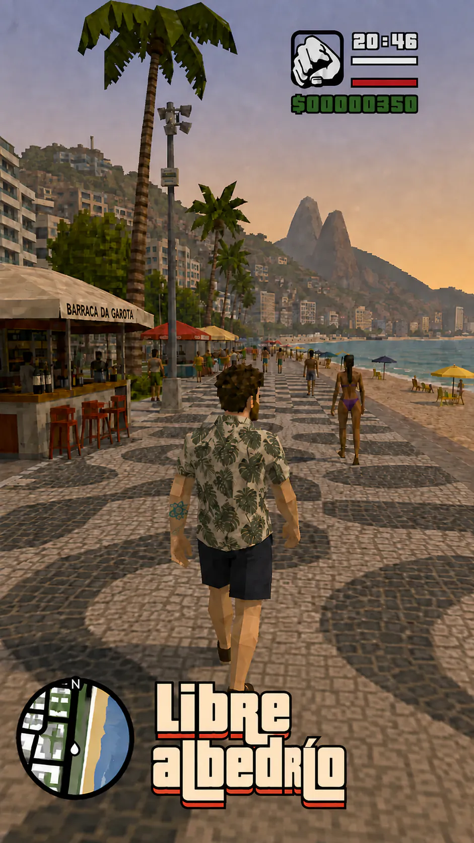 Captura vertical de un videojuego con estética low-poly: David camina de espaldas por el paseo de Ipanema, entre la playa y los kioscos. Se ve un HUD arriba a la derecha, un minimapa abajo a la izquierda y el título « Libre albedrío » en dos líneas.