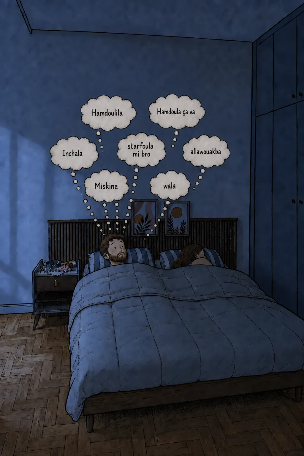 En una habitación, David está acostado en la cama y reflexiona, mientras un globo de pensamiento muestra varias ideas