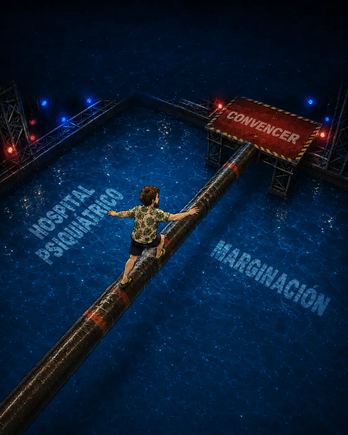 Vista desde arriba, el personaje cruza a cuatro patas un tronco sobre una piscina de reality show. En el agua a la izquierda, « HOSPITAL PSIQUIÁTRICO »; a la derecha, « MARGINACIÓN »; y al final, sobre la plataforma roja, « CONVENCER »
