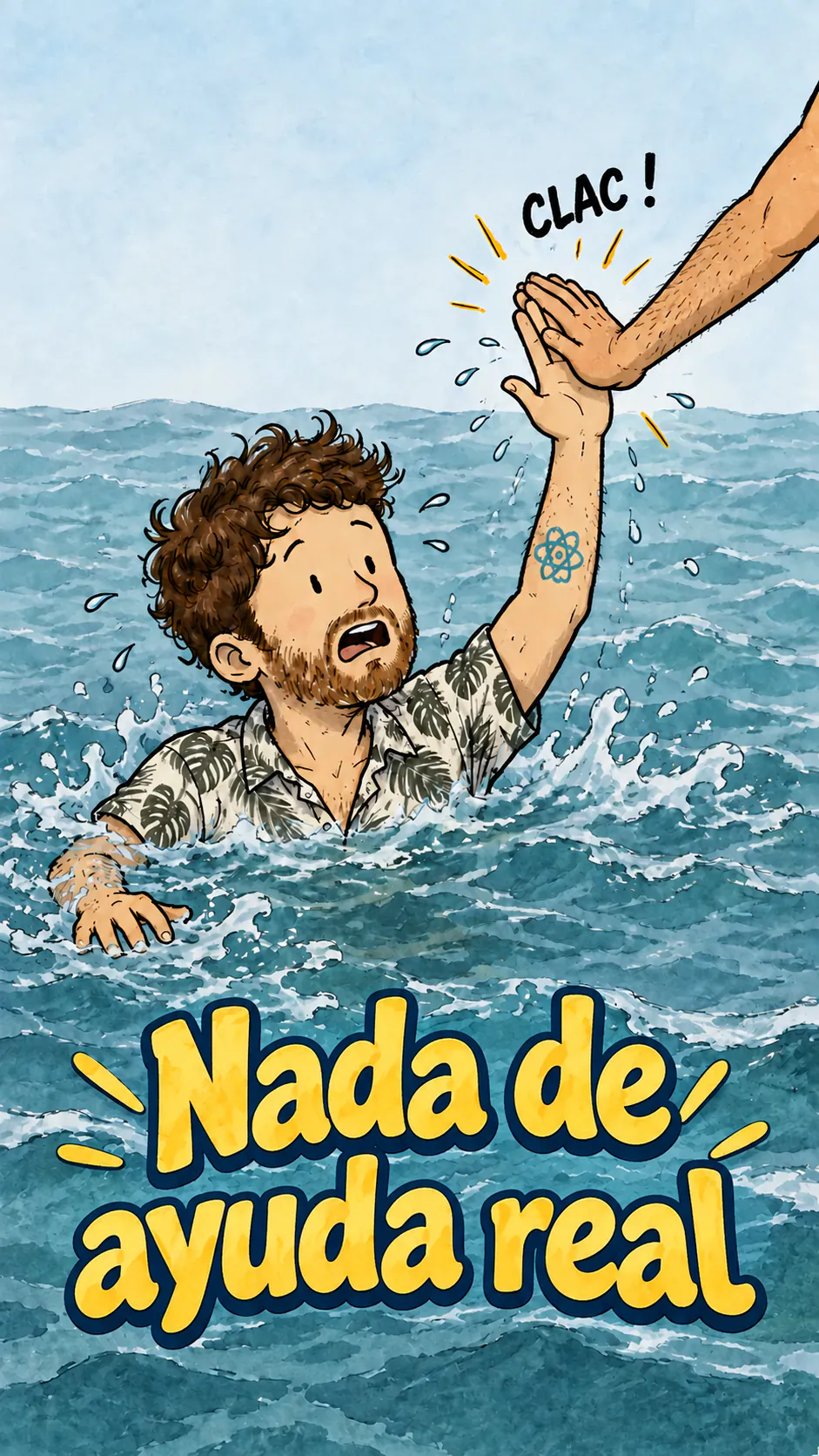 David se está ahogando y levanta la mano para pedir ayuda, pero una mano fuera de cuadro le choca la mano en vez de rescatarlo.
