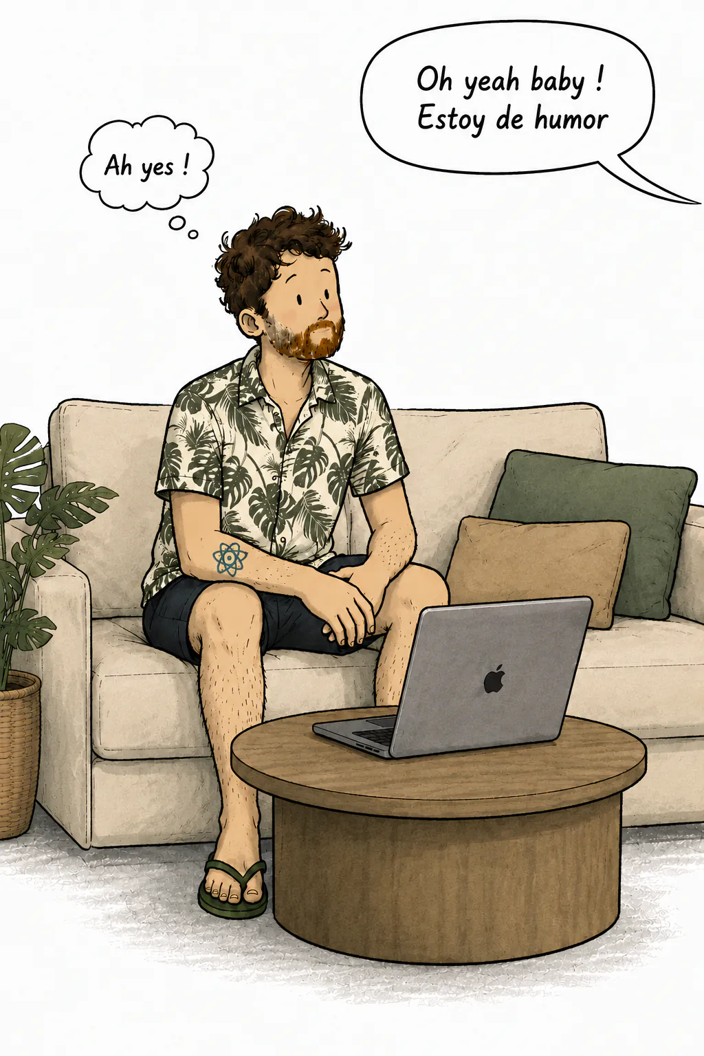 David sentado en su sofá frente a su computadora puesta sobre la mesa ratona, una burbuja arriba a la derecha suelta « Oh yeah baby ! Je suis d’humeur » mientras piensa « Ah yes ! »