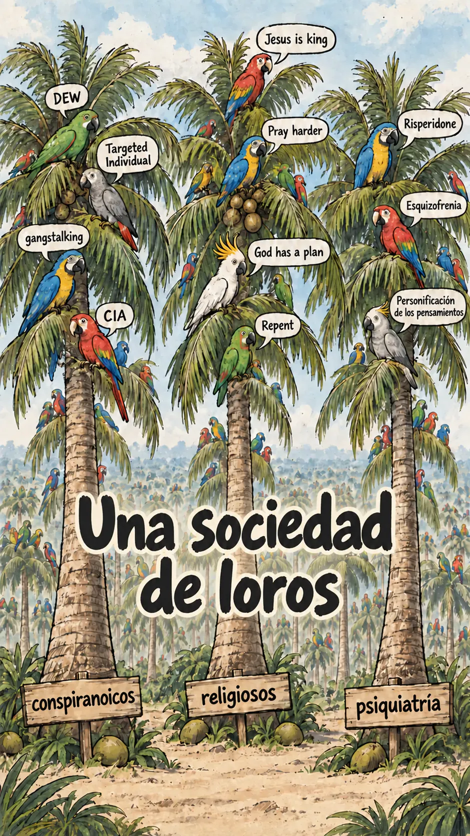 Tres cocoteros sostienen loros que repiten frases conspiranoicas, religiosas y psiquiátricas, mientras un bosque infinito de cocoteros se extiende detrás de ellos.