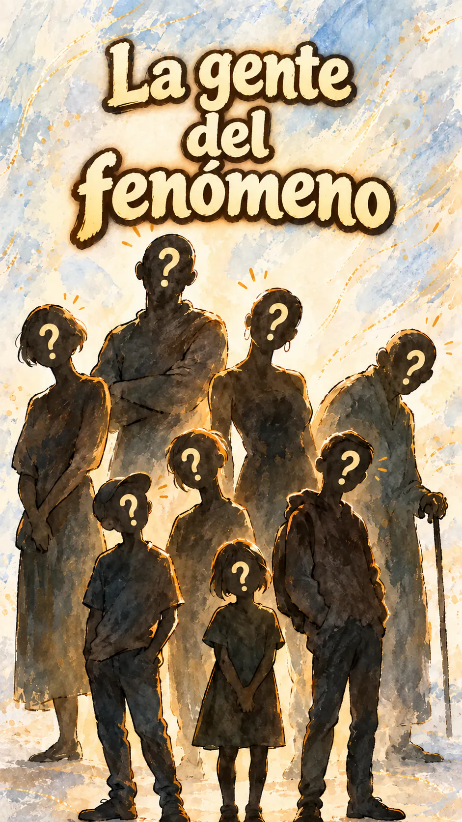 Ilustración vertical de siluetas de adultos, adolescentes y niños, con un signo de interrogación en lugar de la cara