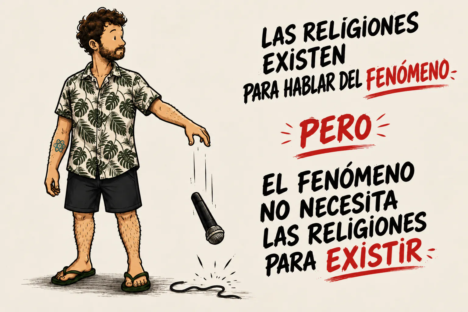 El personaje suelta un micrófono. A la derecha, en mayúsculas: « LAS RELIGIONES EXISTEN PARA HABLAR DEL FENÓMENO », luego « PERO » en rojo y subrayado, y después « EL FENÓMENO NO NECESITA LAS RELIGIONES PARA EXISTIR »