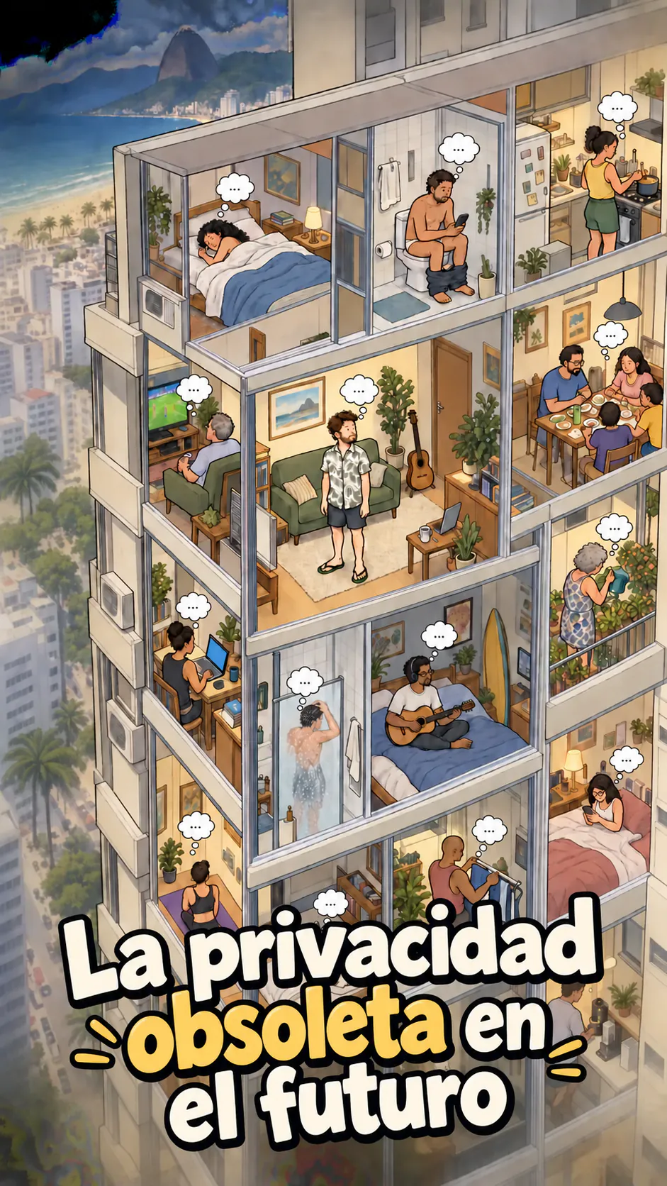 Una torre de departamentos en Copacabana vista en corte, con paredes transparentes, David solo en el centro y vecinos visibles en sus departamentos