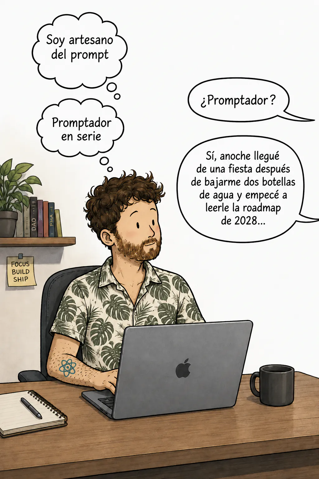 En su escritorio frente a una laptop, el personaje piensa «Soy artesano del prompt», luego «Promptuero en serie», mientras una voz fuera de campo pregunta «¿Promptuero?» y él responde que leyó la roadmap de 2028 en su computadora al volver de una fiesta