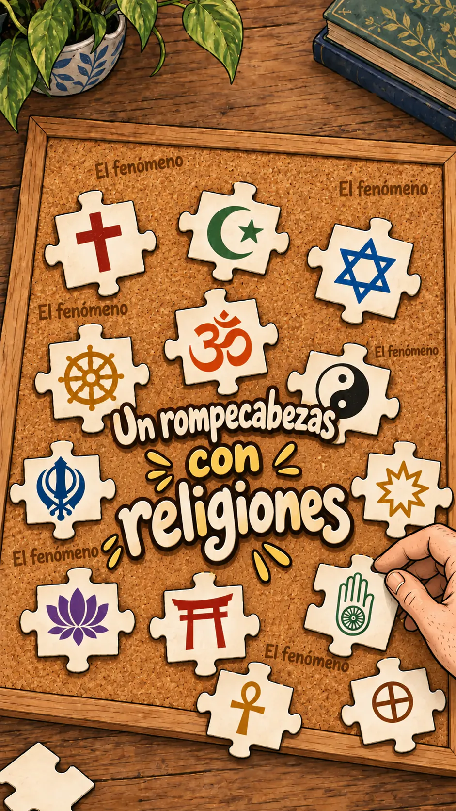 Un rompecabezas puesto sobre un tablero de corcho con símbolos religiosos