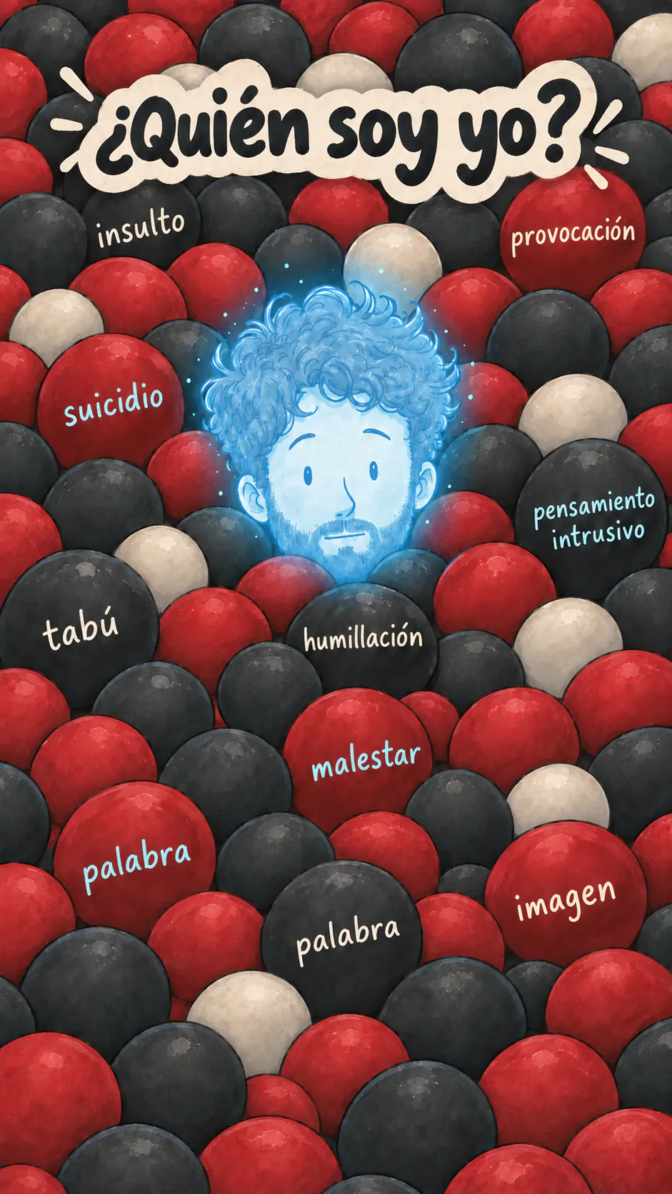Spirit David, translúcido y azulado, mira a la cámara en el centro de un mar infinito de bolas negras y rojas con palabras, bajo el título « ¿Quién soy? »