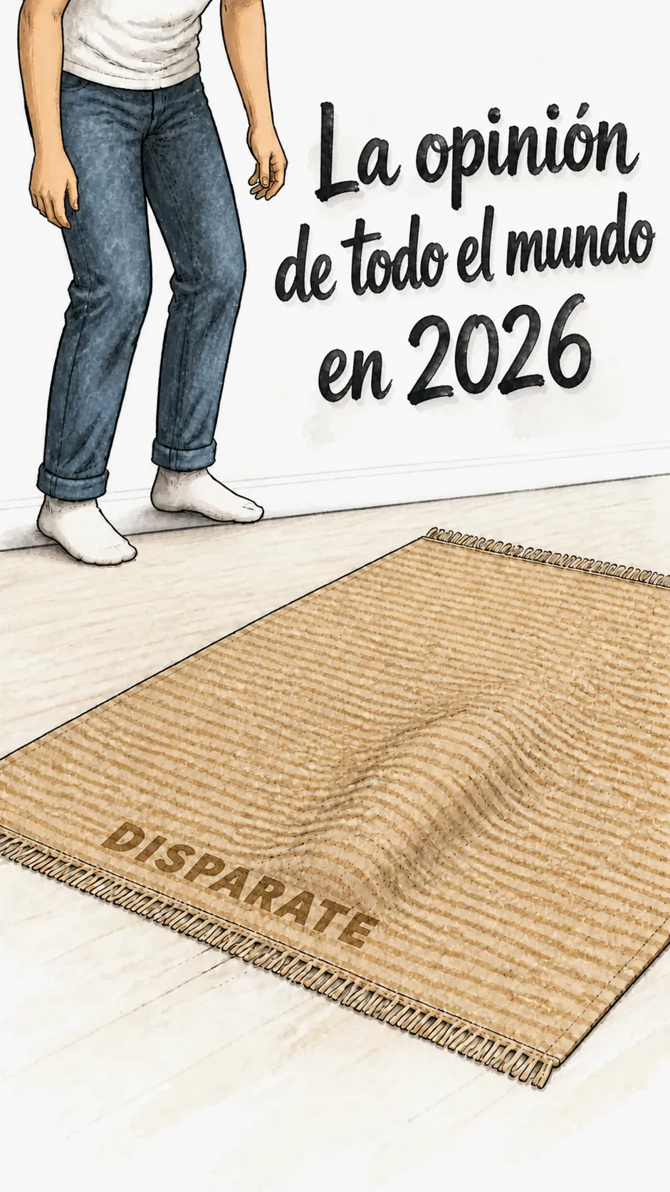 Un hombre levanta una alfombra bajo la que un personaje pequeño está escondido, el título manuscrito anuncia «La opinión del señor cualquiera en 2026»