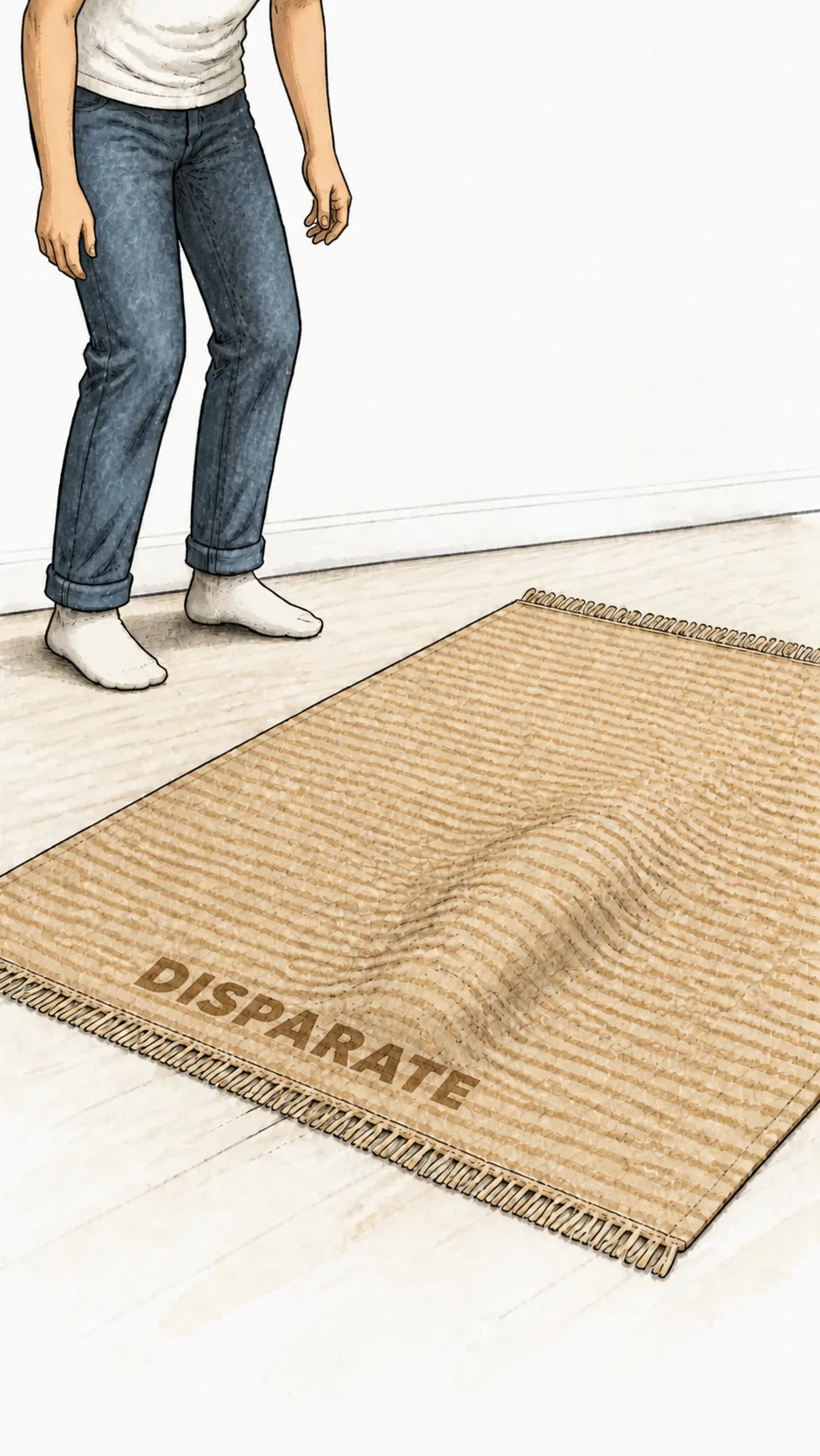 Un hombre está de pie frente a una alfombra aplanada marcada «DELIRIO»