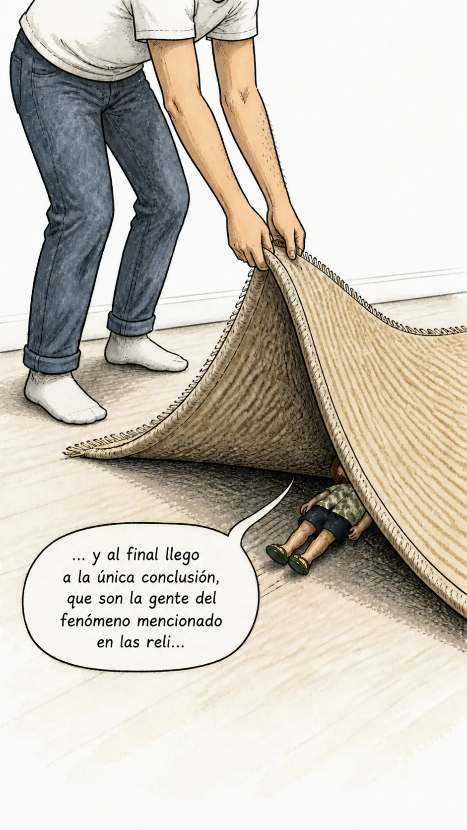 Dos manos levantan una alfombra bajo la que el personaje pequeño está escondido, un globo menciona una conclusión sobre la gente del fenómeno mencionada en las religiones