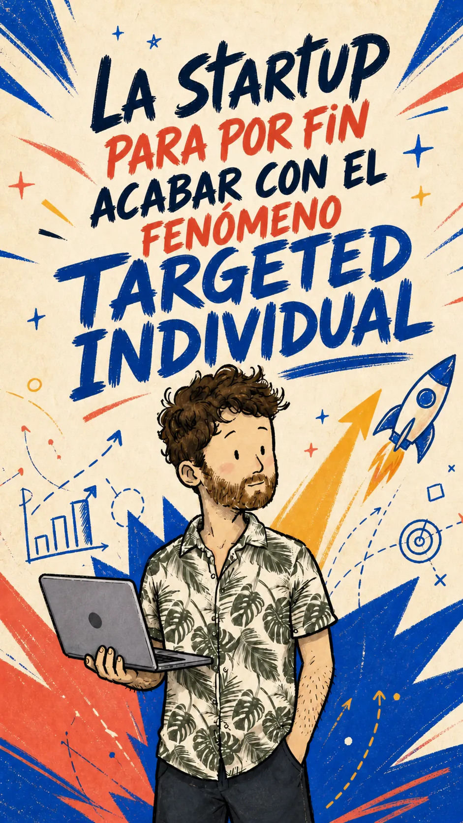 David sostiene una laptop frente a un afiche colorido que presenta la startup Targeted Individual.