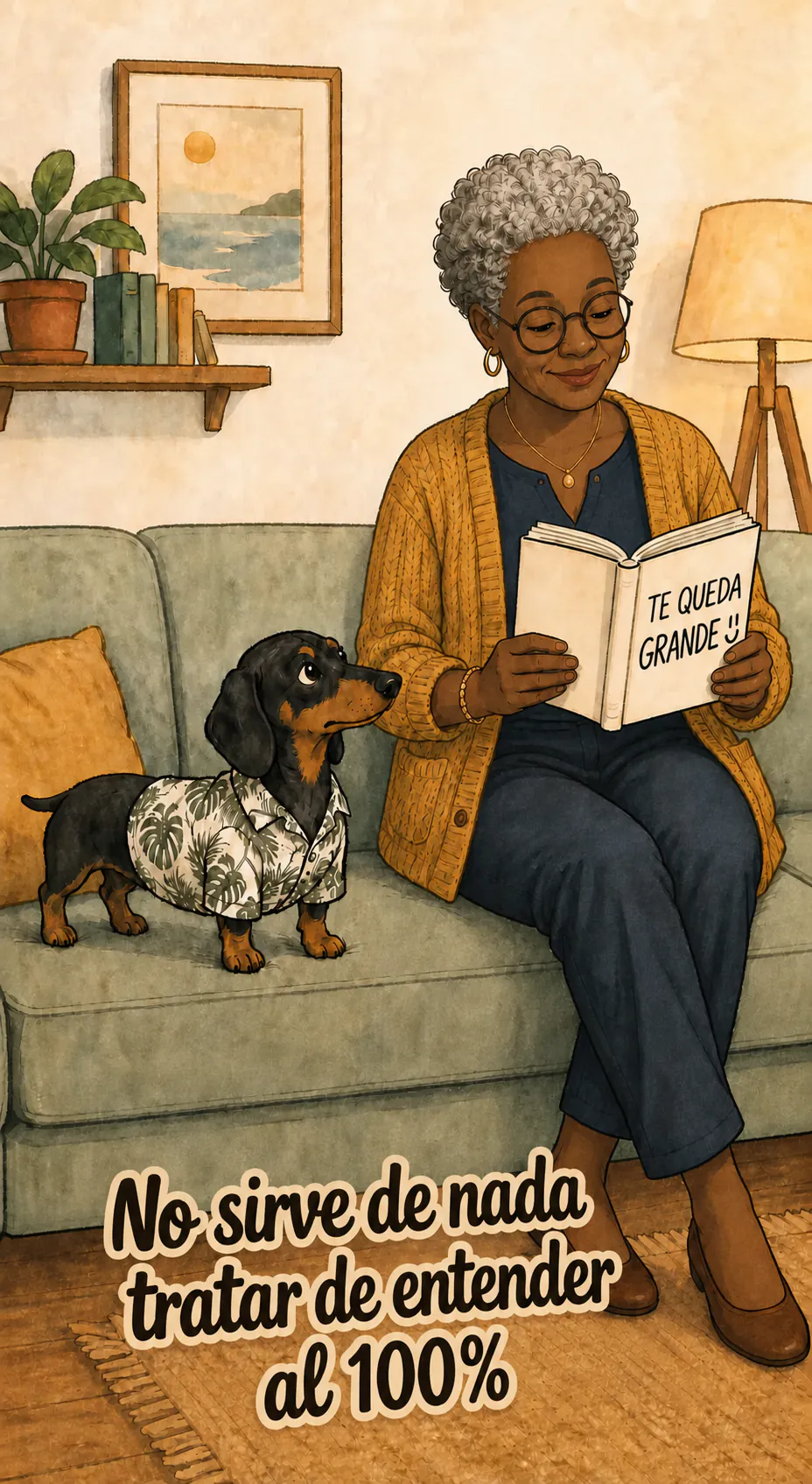 Un dachshund con camisa de flores está en cuatro patas sobre un sofá al lado de una mujer mayor que lee un libro, abajo, el título «No sirve de nada intentar entender al 100%»