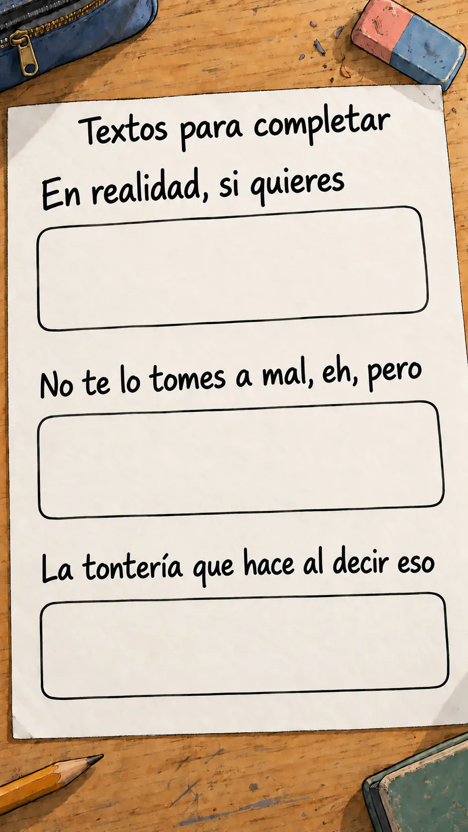 Una hoja de ejercicio puesta sobre una mesa de escuela, con el título «Textos para completar», tres frases en grande y tres recuadros vacíos para escribir lo que sigue