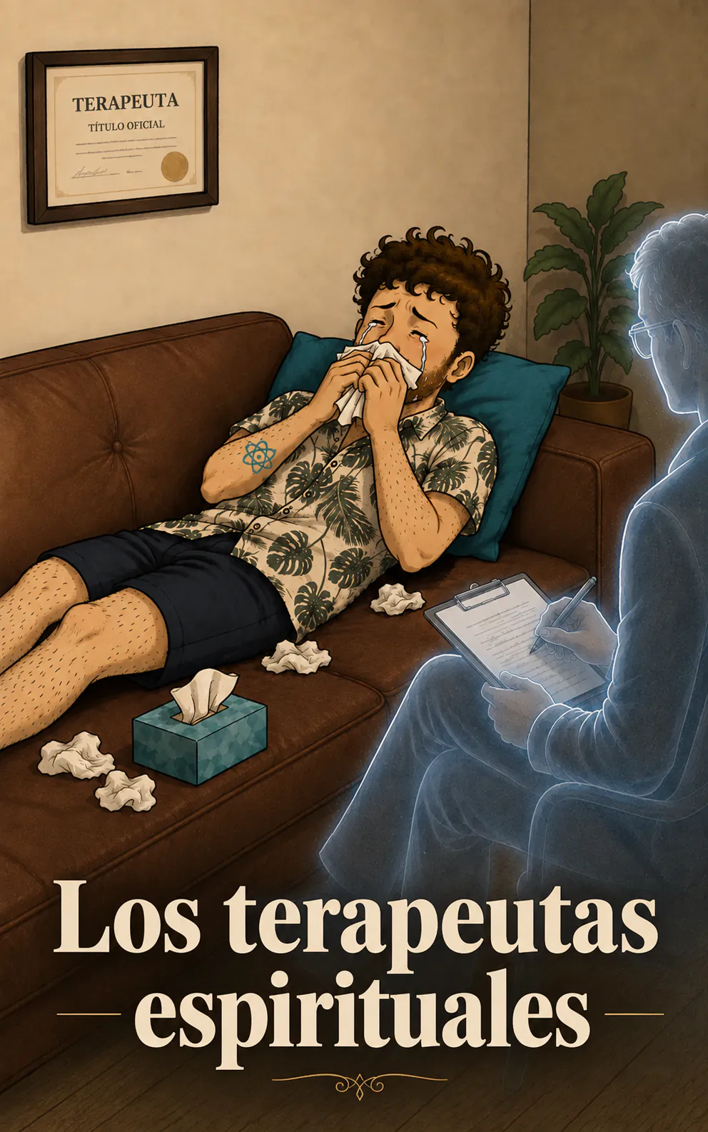 Acostado en el sofá de un consultorio, el personaje llora en un pañuelo, con bolas de papel a su alrededor, mientras un terapeuta translúcido toma notas; en la pared, un diploma que dice «PSICÓLOGO». Abajo, el título «Los terapeutas espirituales»