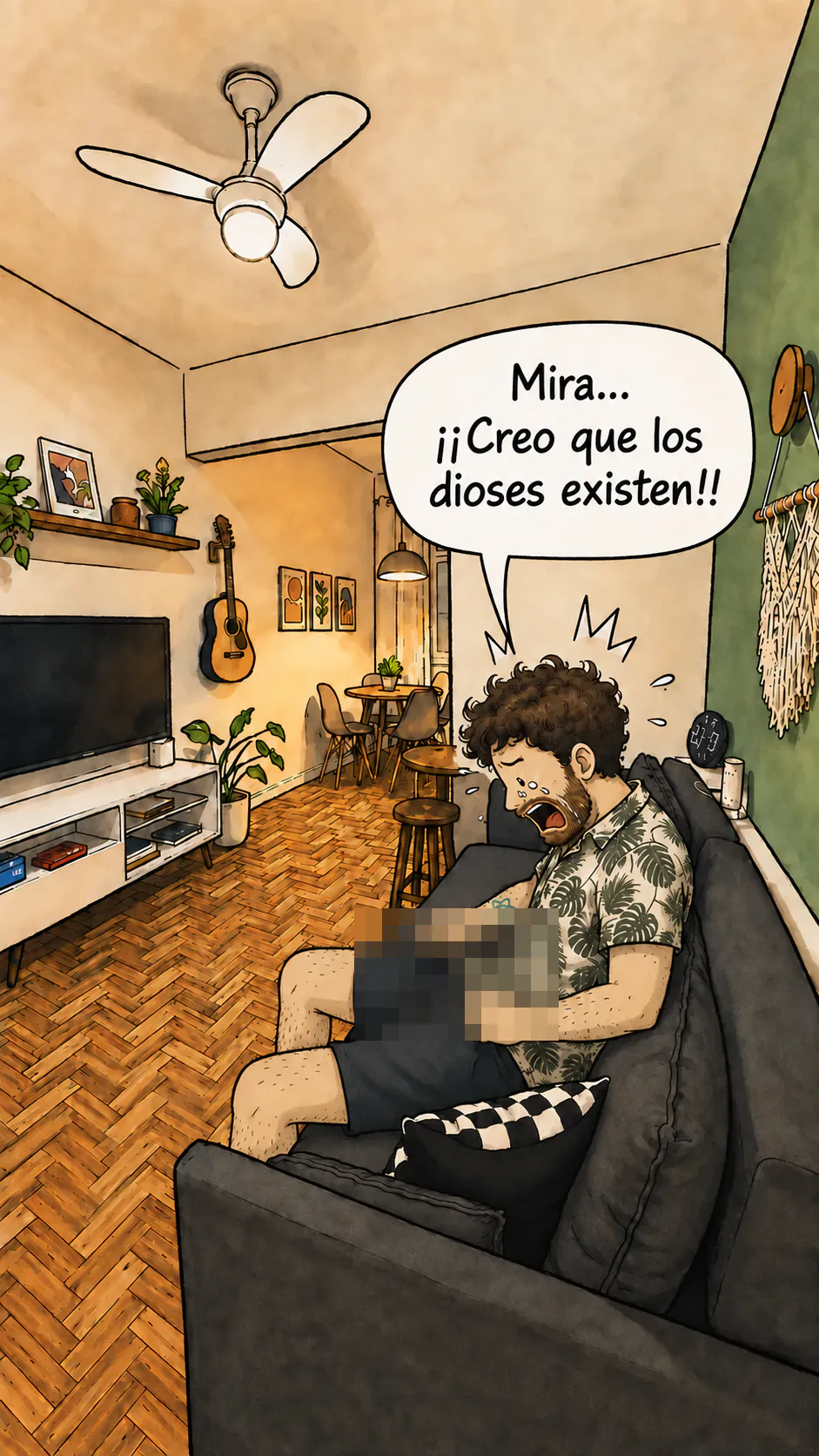 David sentado en un sofá, mostrándole a su esposa un globo que dice «Mira... Creo que los dioses existen!!»
