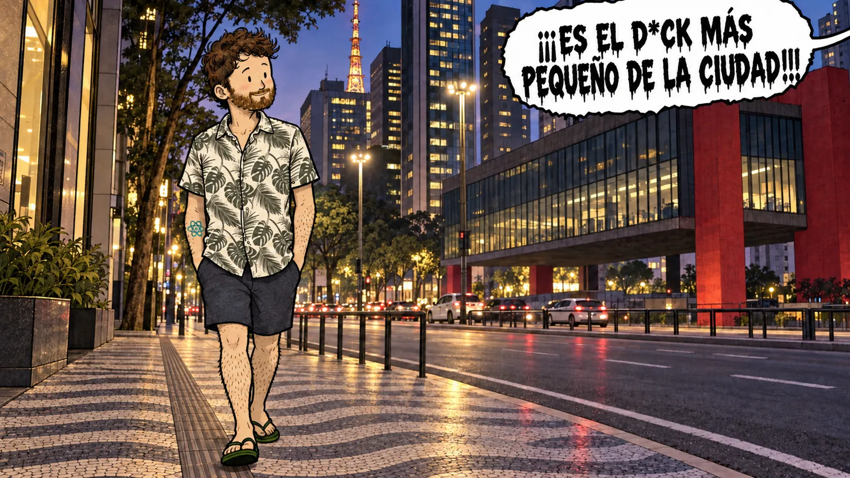 David camina por la avenida Paulista en São Paulo de noche, con un globo de diálogo censurado que viene desde fuera del cuadro
