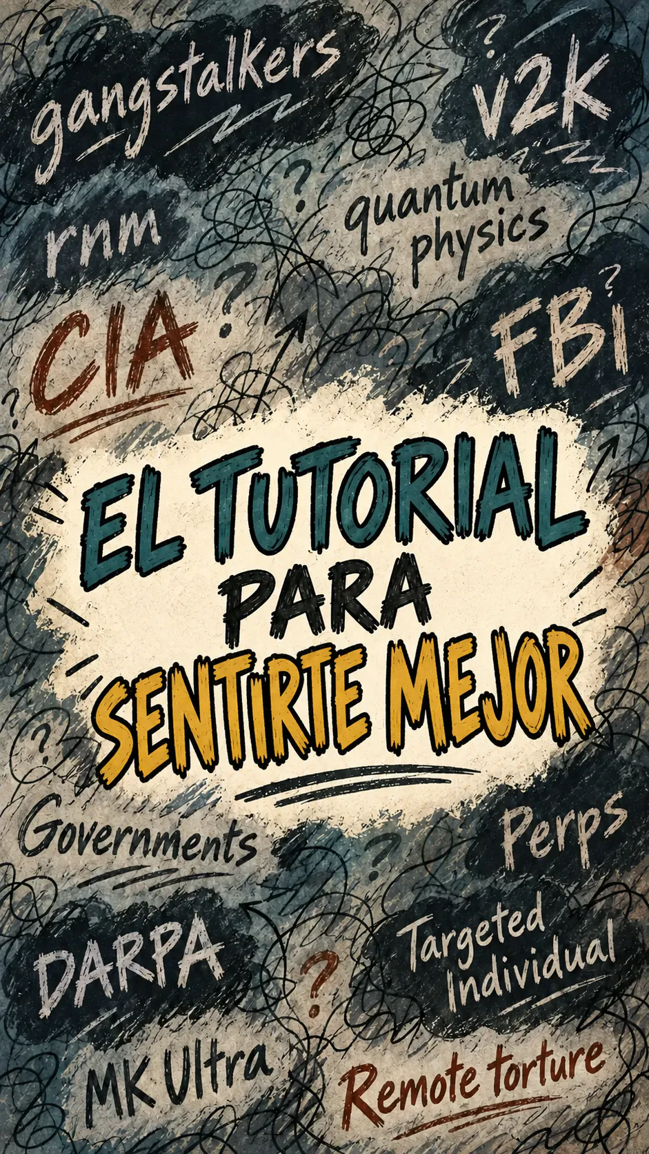 Una ilustración de pensamientos confusos y teorías entremezcladas, bajo el gran título «El tutorial para sentirte mejor»