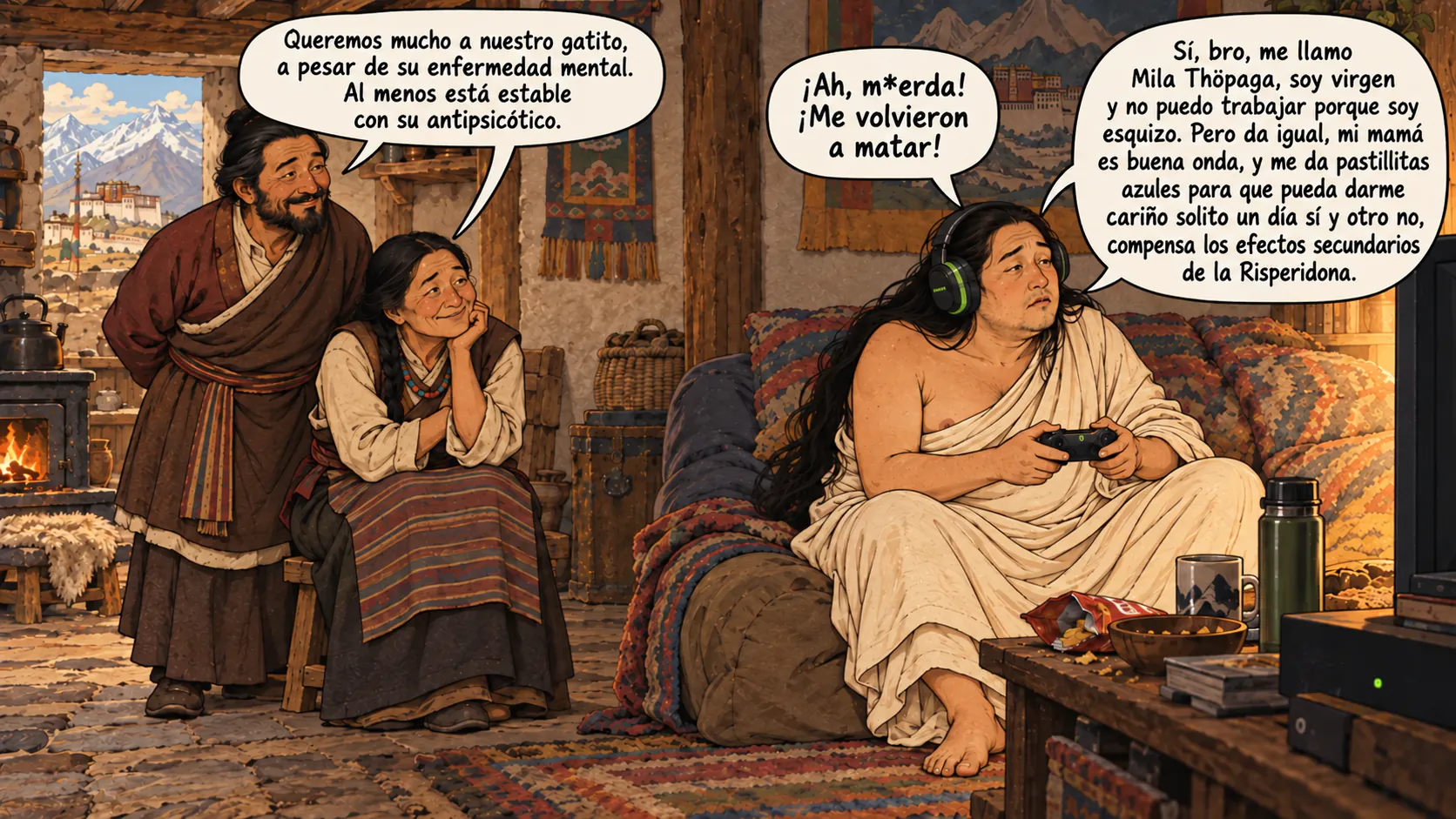 Yogi Milarepa, más robusto y pálido, juega en la consola frente a una televisión con unos audífonos gamer, mientras sus padres sonrientes lo observan.