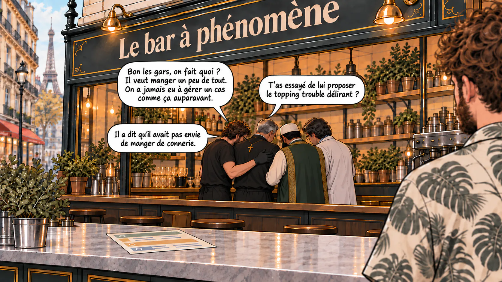 Les employés du bar à phénomène se concertent discrètement au fond du local