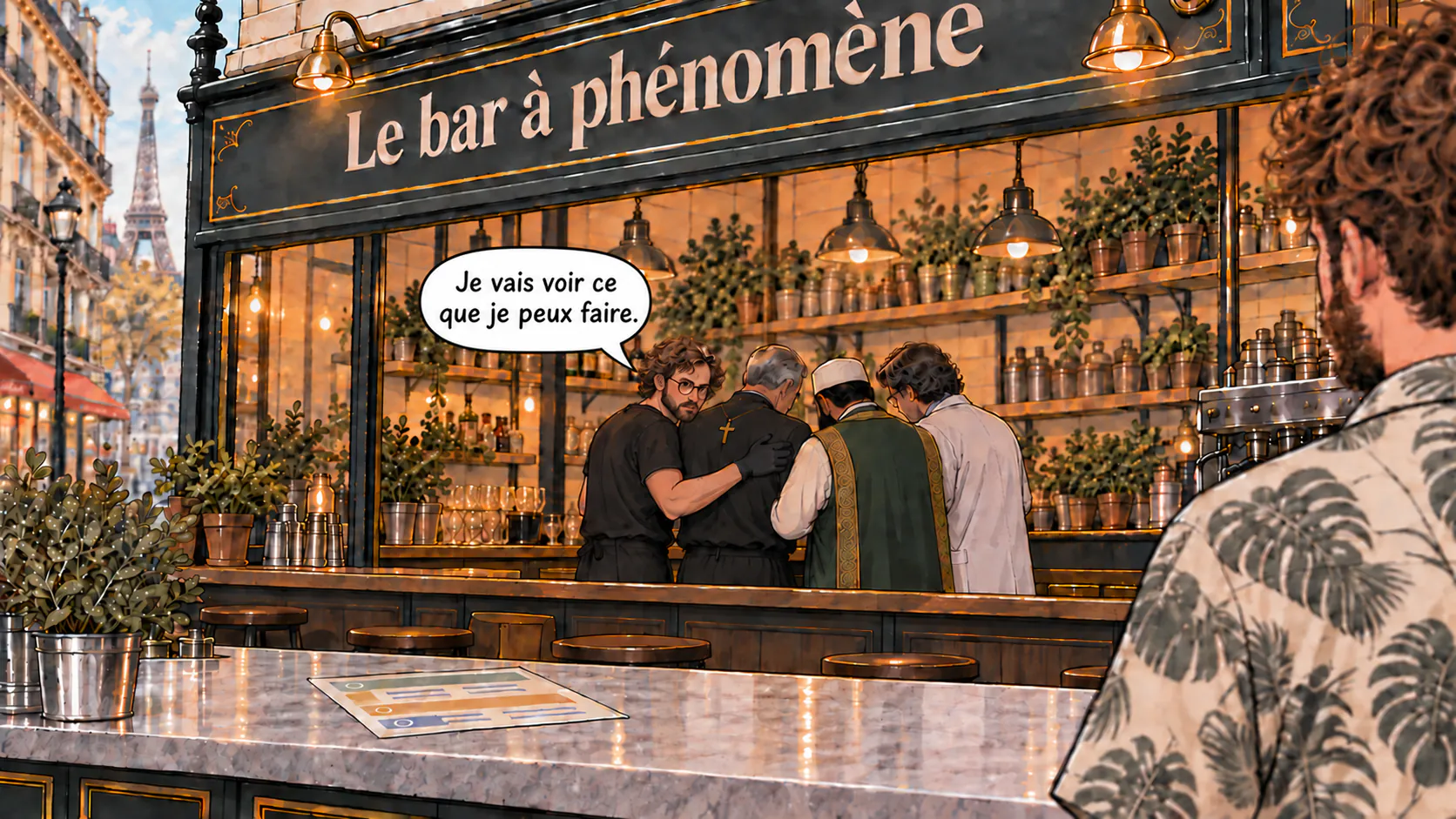 Le complotiste répond après avoir consulté ses collègues au fond du bar à phénomène