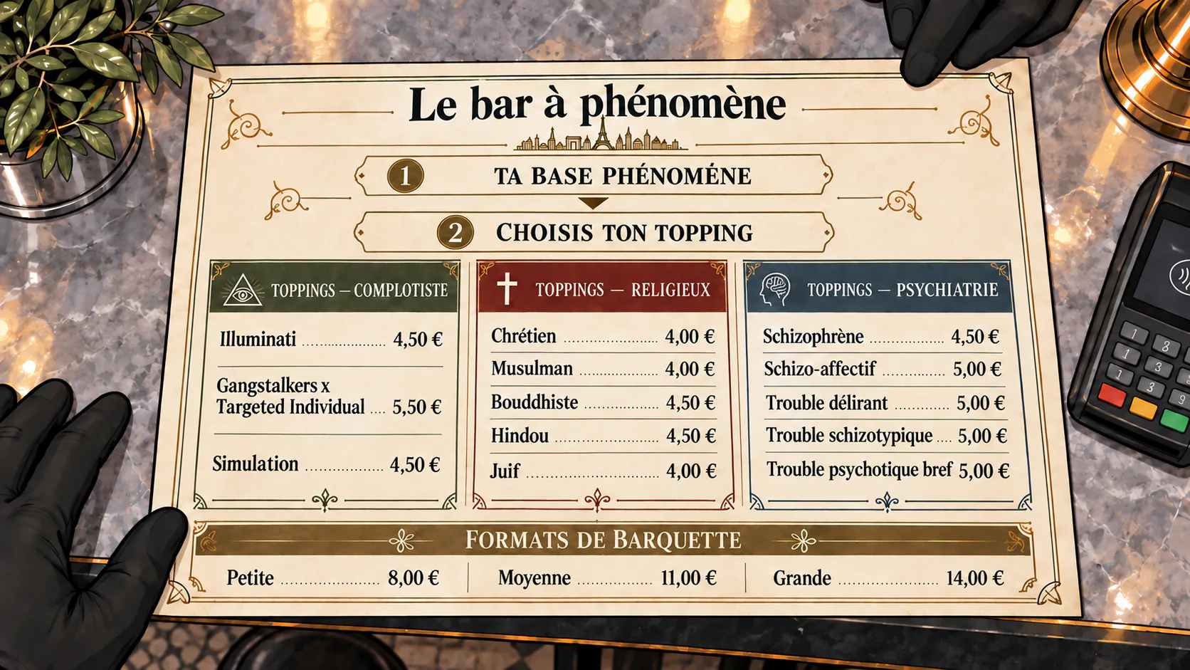 Un menu du bar à phénomène vu du dessus, avec des catégories de toppings et leurs prix