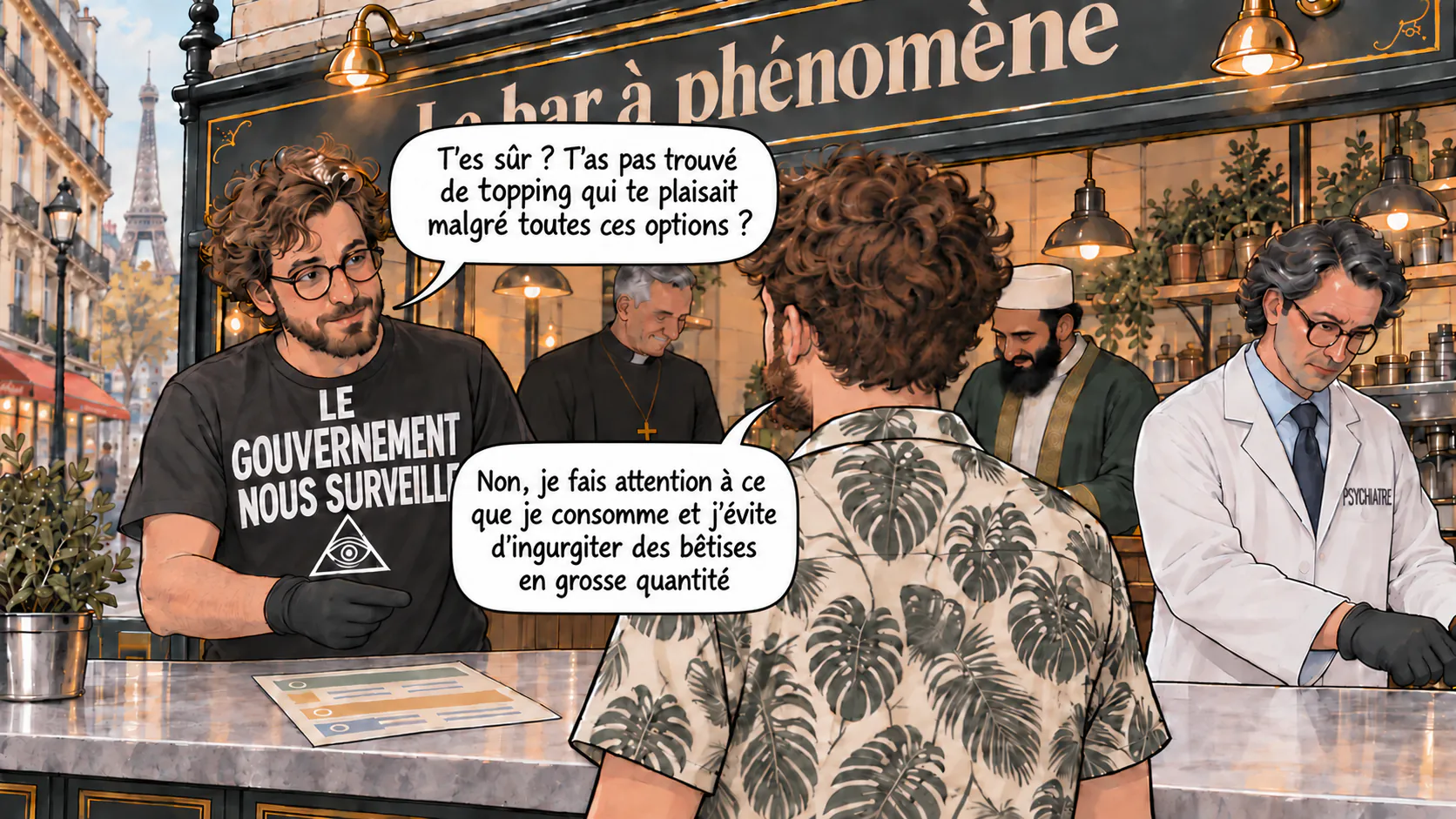 Les employés du bar à phénomène réagissent avec surprise au personnage principal