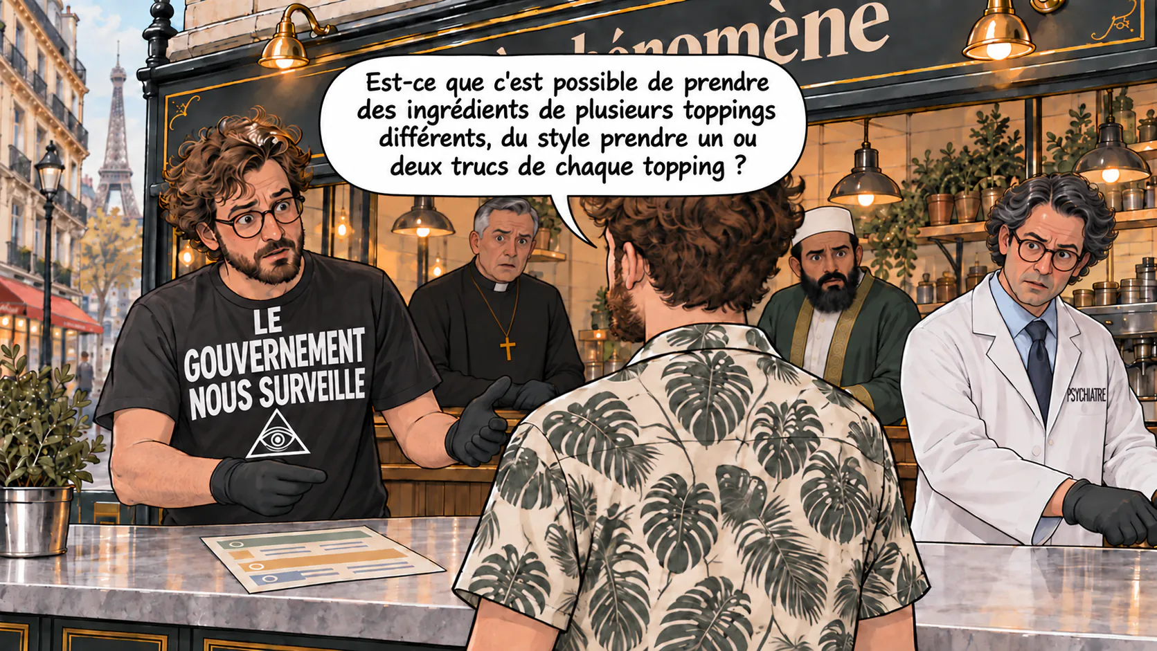 Les employés du bar à phénomène réagissent à la question du personnage principal