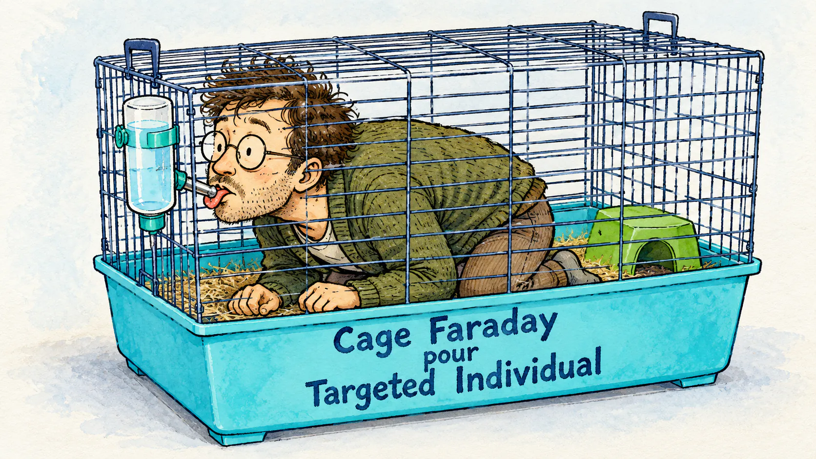 Um homem com aparência nerd e conspiratória está preso em uma gaiola de animal com uma mamadeira e lambe a esfera metálica para beber. A base traz o texto « Gaiola de Faraday para Targeted Individual ».