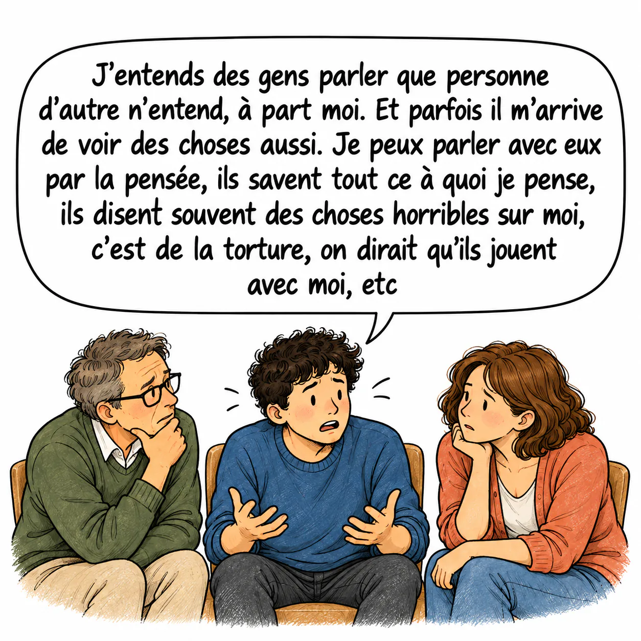 David explique à deux personnes qu’il entend des voix que les autres n’entendent pas.