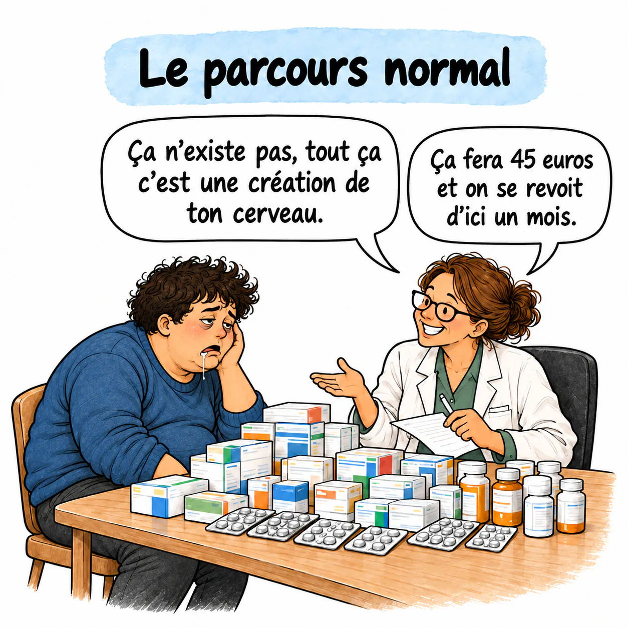 David face à une psychiatre, entouré de boîtes et de flacons de médicaments.