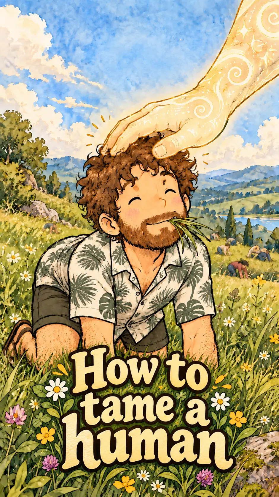 David broute l'herbe à quatre pattes dans une prairie tandis qu'une grande main non humaine lui caresse la tête ; plusieurs humains broutent au loin.