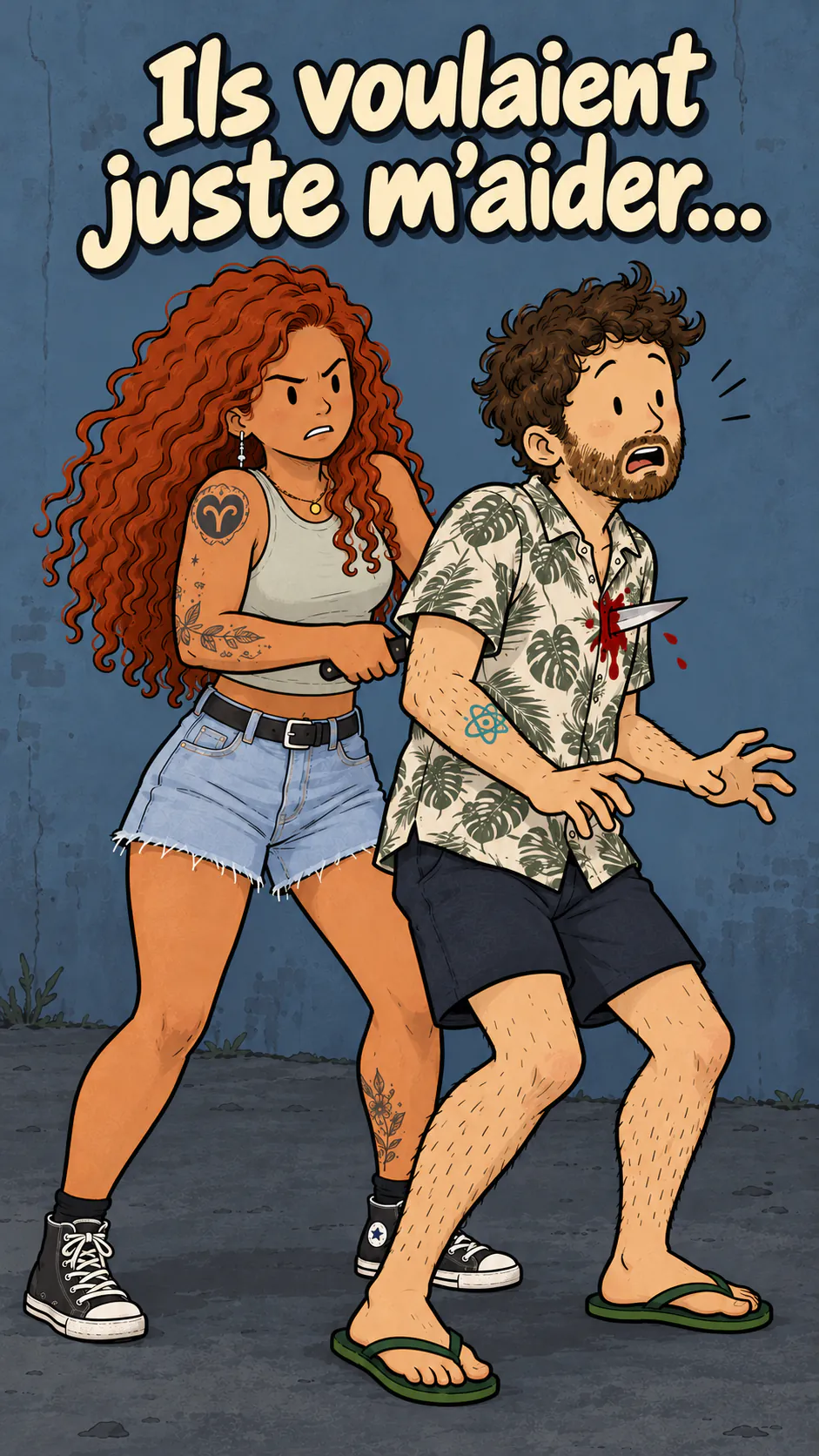 Une femme poignarde David dans le dos, sous le titre « Ils voulaient juste m’aider... », dans un dessin de bande dessinée simplifié.