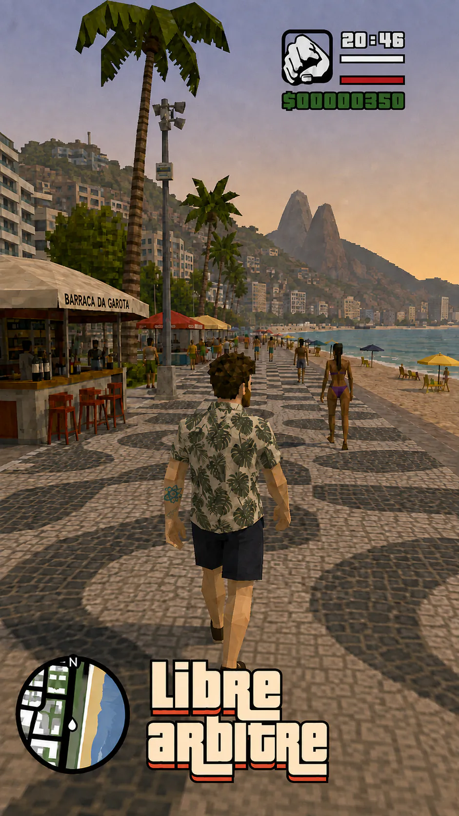 Capture verticale d'un jeu vidéo au rendu low-poly : David marche de dos sur la promenade d'Ipanema, entre la plage et les kiosques. Un HUD apparaît en haut à droite, une mini-carte en bas à gauche et le titre « Libre arbitre » sur deux lignes.