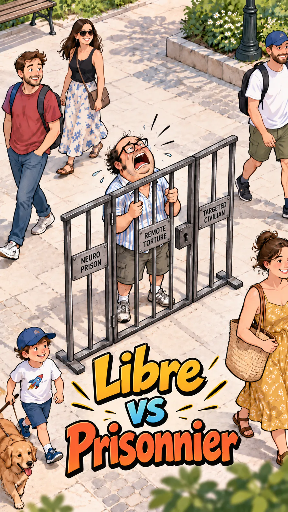 Un homme derrière une grille, entouré des mentions « Neuro prison », « Remote torture » et « Targeted civilian », avec le titre « Libre vs prisonnier » en bas.