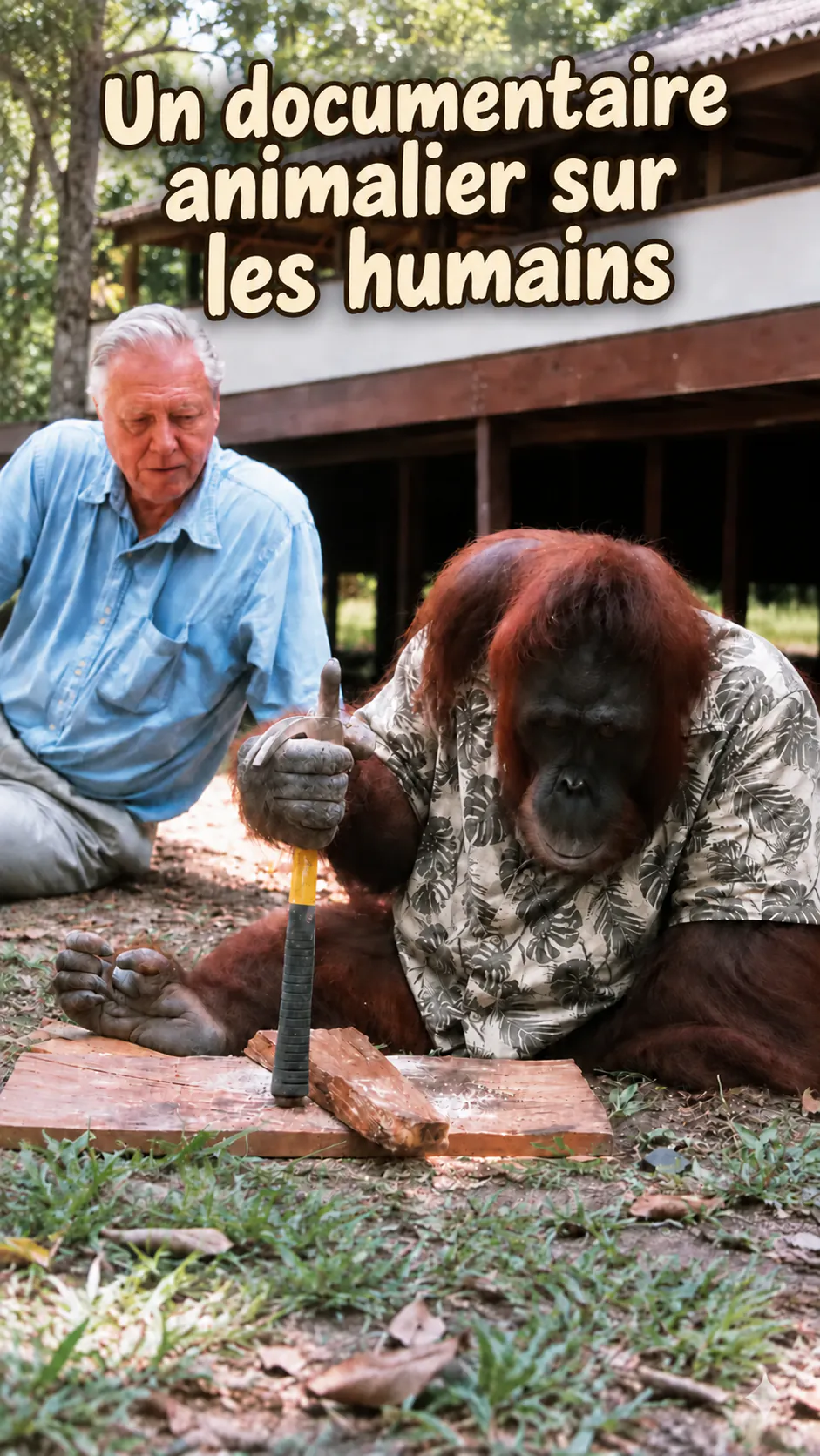 Un homme âgé et un orang-outan en chemise à motifs travaillent ensemble sur une planche avec un marteau, sous le titre « Un documentaire animalier sur les humains ».
