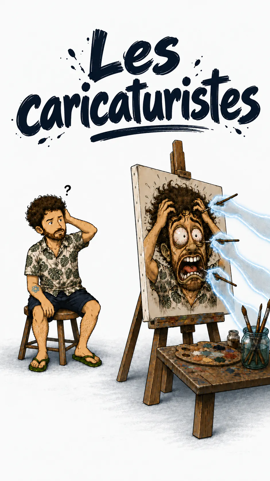 Assis sur un tabouret, un point d'interrogation au-dessus de la tête, le personnage regarde un tableau sur chevalet : son portrait en caricature, hurlant et hagard, que des mains bleues et translucides continuent de peindre