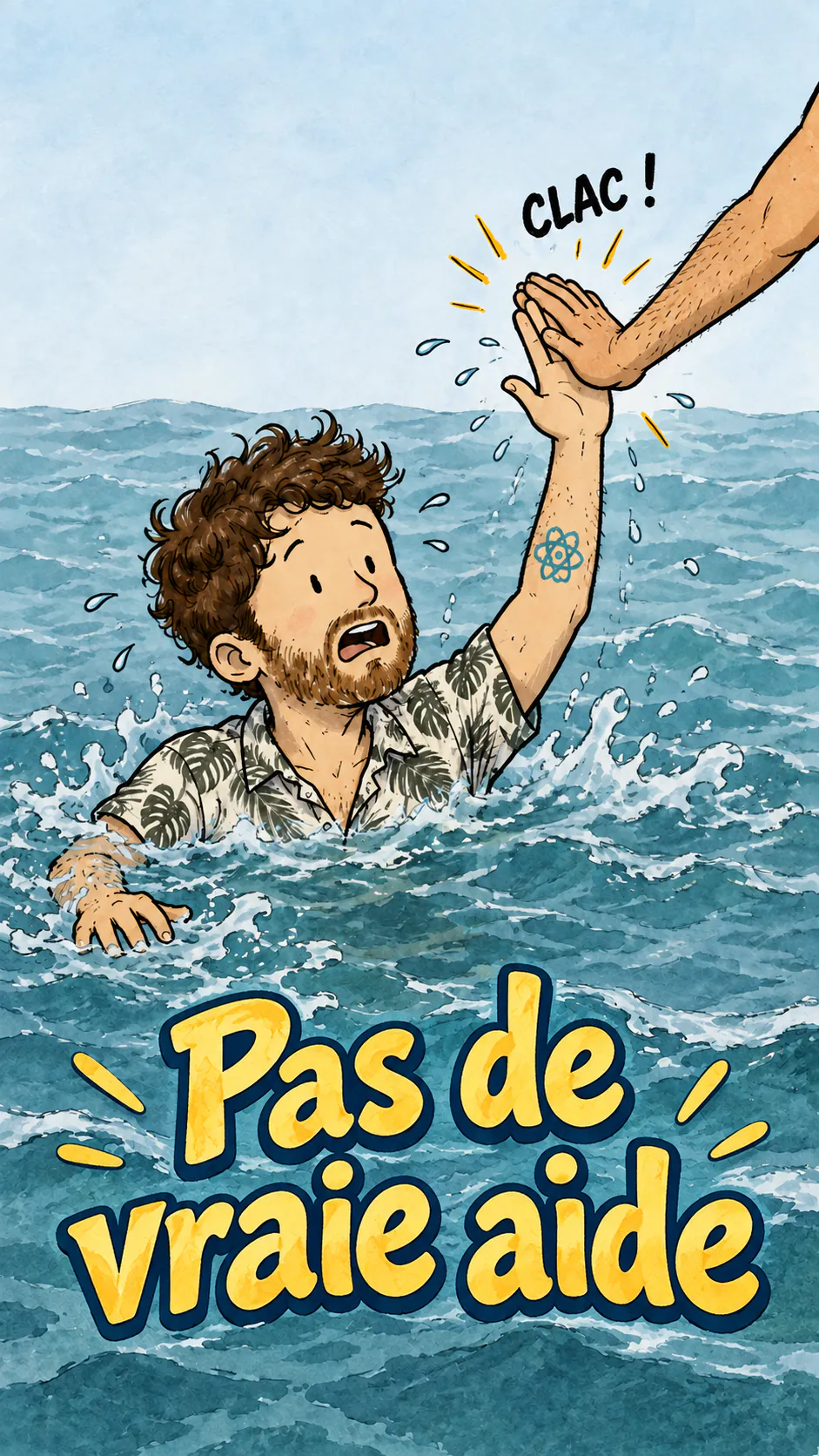 David se noie et lève la main pour demander de l'aide, mais une main hors cadre lui tape dans la main au lieu de le secourir.