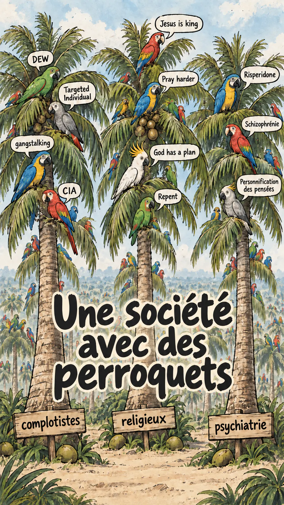 Trois cocotiers portent des perroquets qui répètent des phrases complotistes, religieuses et psychiatriques, tandis qu'une forêt infinie de cocotiers s'étend derrière eux.