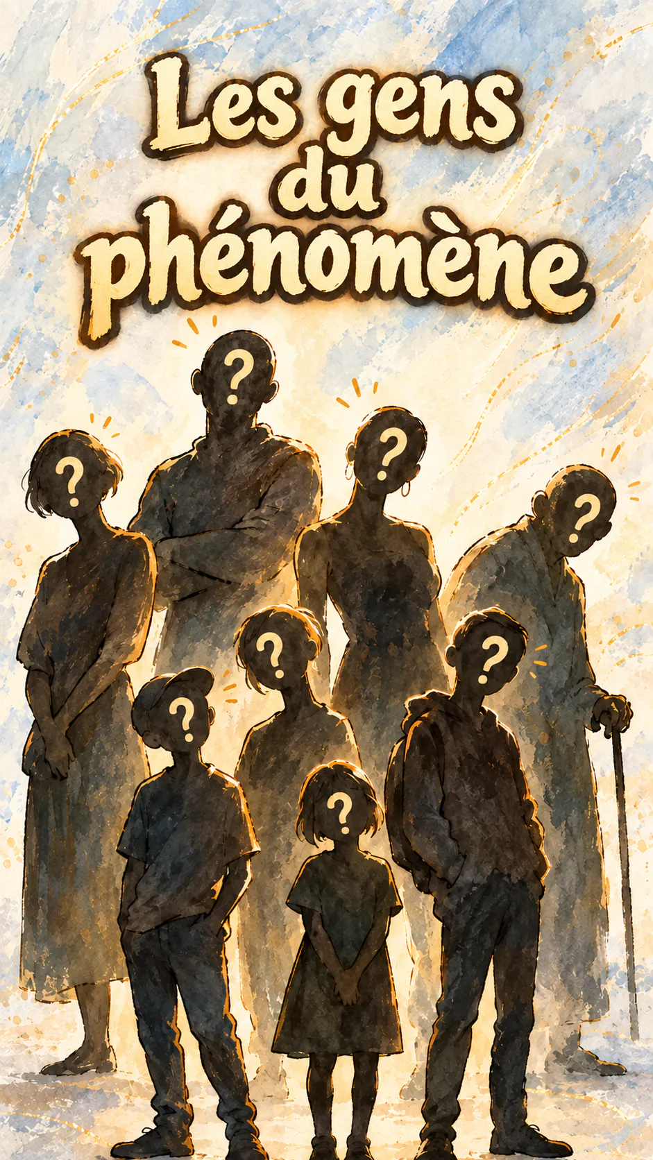Illustration verticale de silhouettes d'adultes, d'adolescents et d'enfants, avec un point d'interrogation à la place du visage