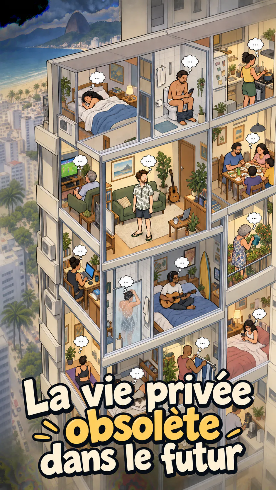Une tour d'immeuble à Copacabana vue en coupe avec des murs transparents, David seul au centre et des voisins visibles dans leurs appartements
