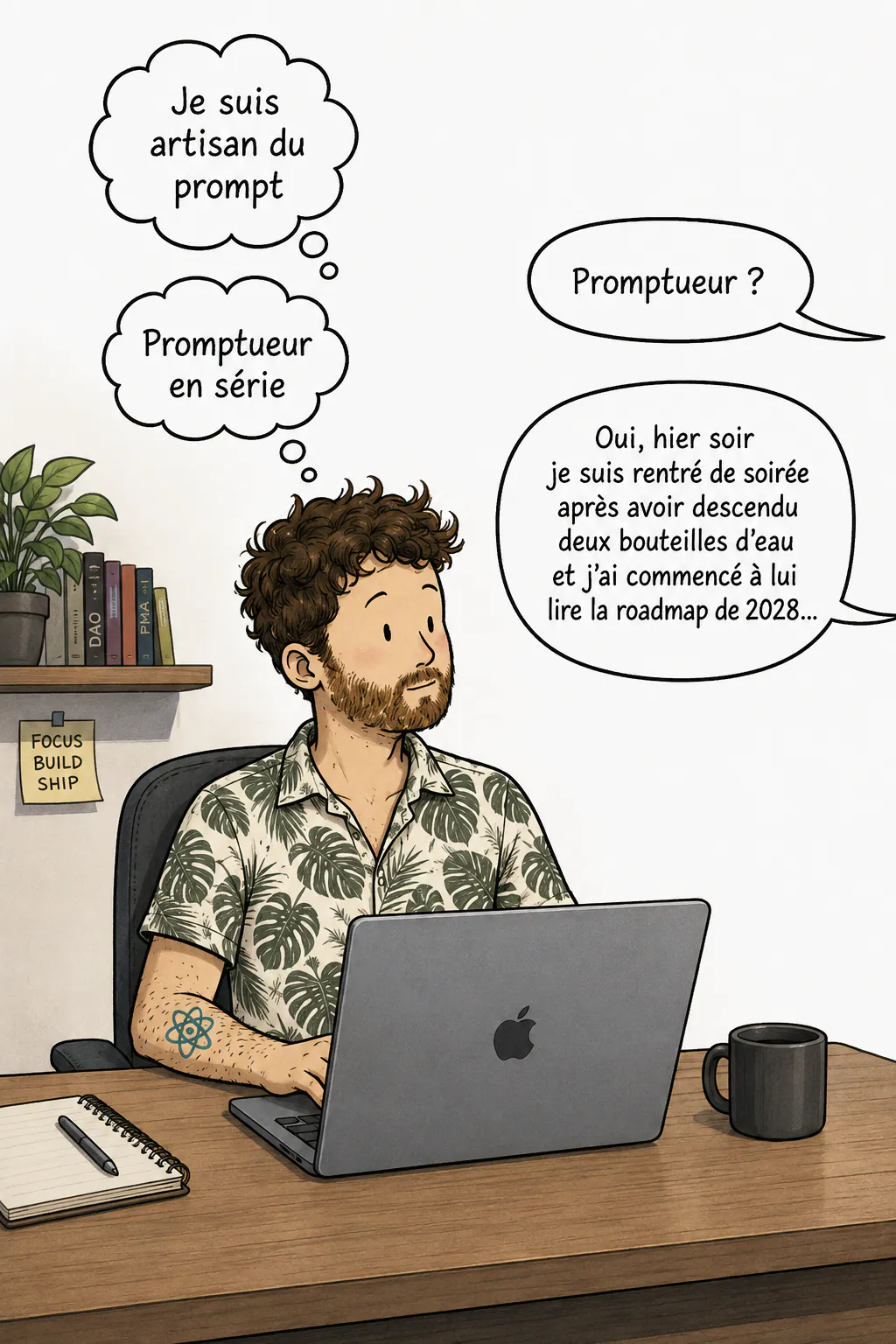 À son bureau devant un portable, le personnage pense « Je suis artisan du prompt », puis « Promptueur en série », pendant qu'une voix hors champ demande « Promptueur ? » et qu'il répond avoir lu la roadmap de 2028 à son ordinateur en rentrant de soirée