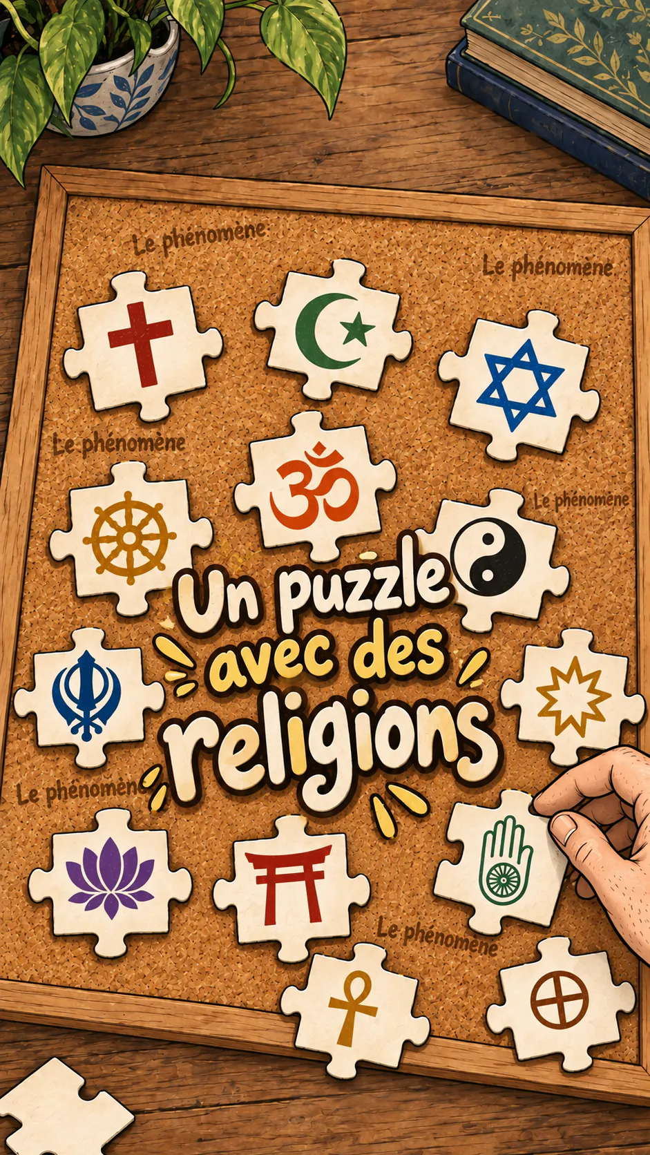 Un puzzle posé sur un tableau en liège avec des symboles religieux