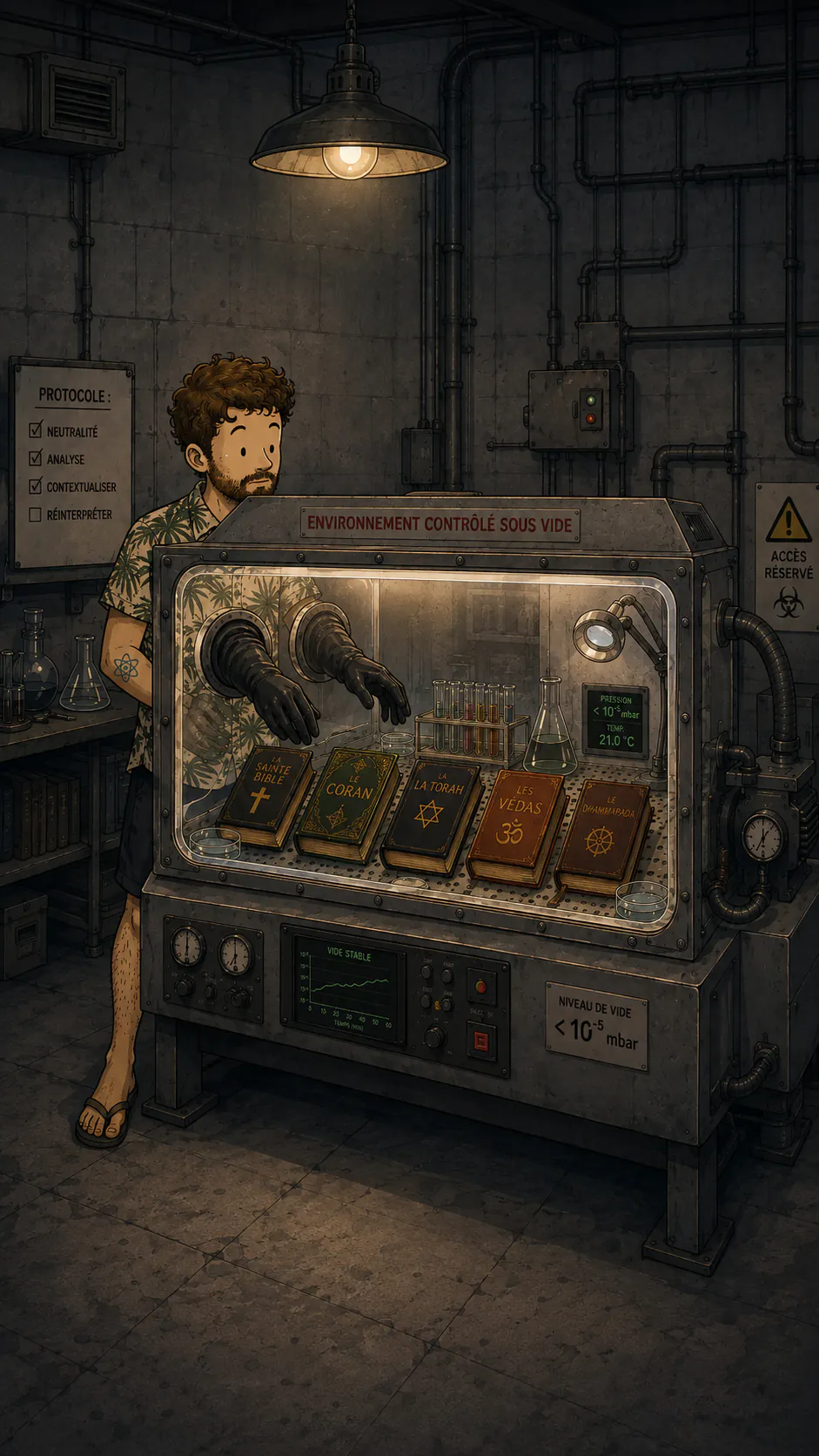 Dans un laboratoire, le personnage manipule cinq livres religieux enfermés dans une boîte à gants sous vide, avec des gants noirs, comme une matière dangereuse. Au mur, une liste « PROTOCOLE » dont la dernière case, « RÉINTERPRÉTER », reste vide