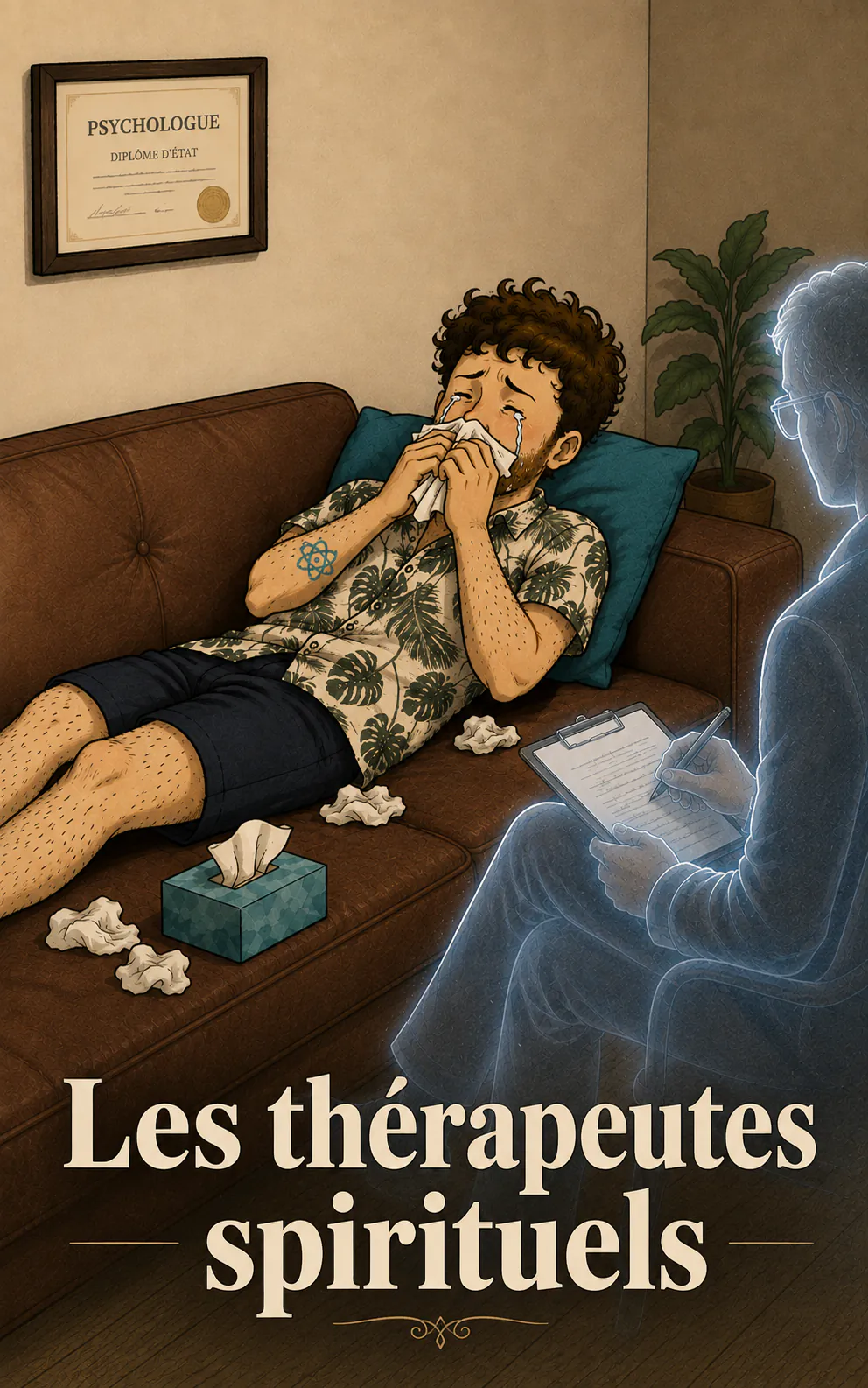 Allongé sur le canapé d'un cabinet, le personnage pleure dans un mouchoir, des boules de papier autour de lui, pendant qu'un thérapeute translucide prend des notes ; au mur, un diplôme « PSYCHOLOGUE ». En bas, le titre « Les thérapeutes spirituels »